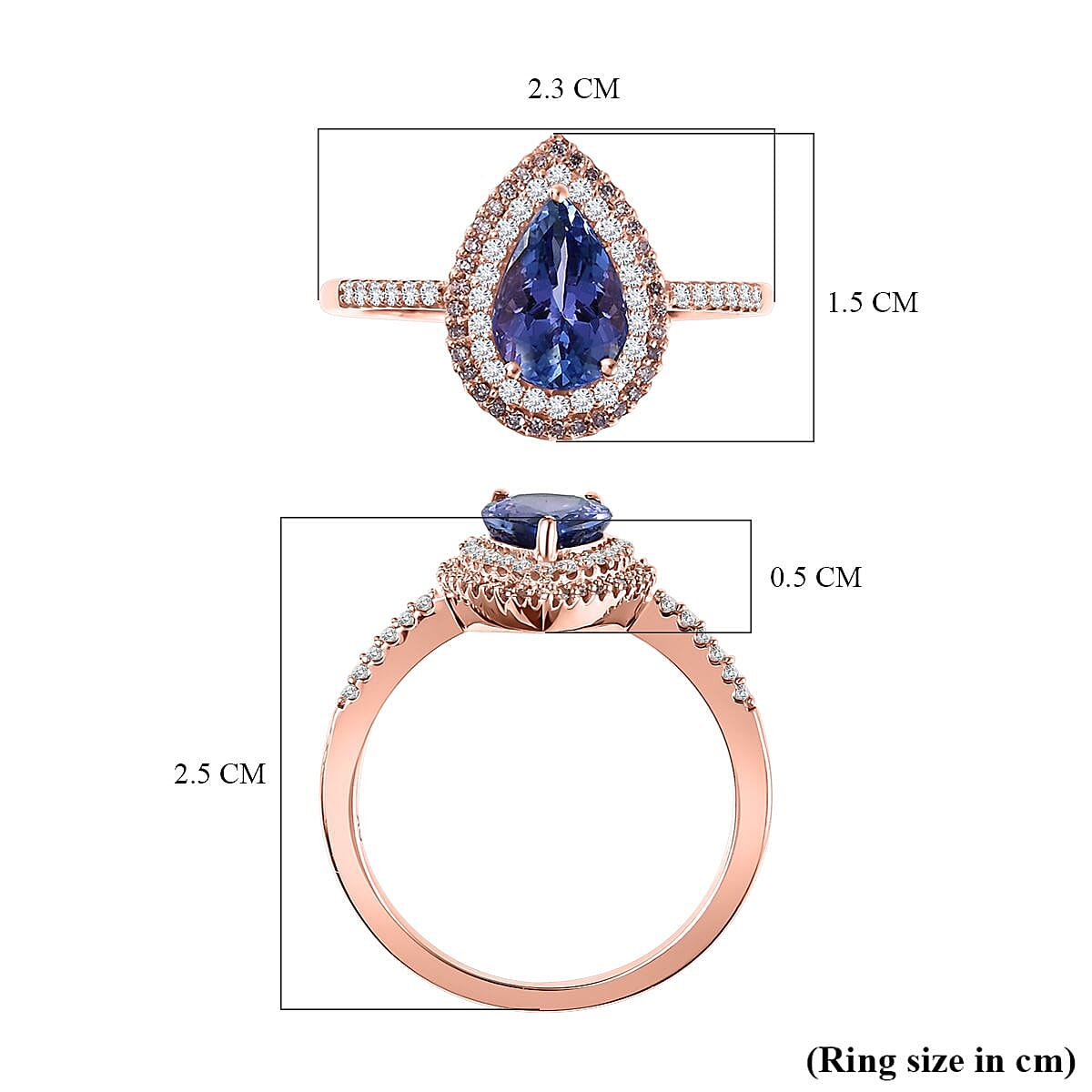 9K Rose Gold Premium Tanzanite, Pink Diamond and White Diamond Ring 1.5 Ct