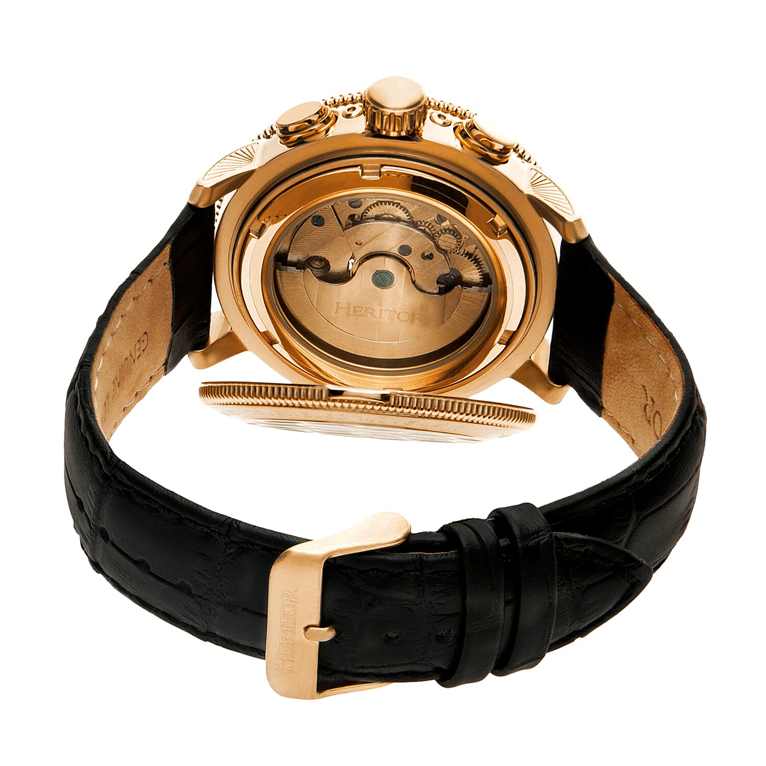 HERITOR Automatic Aura Sapphire-Coated Mineral Crystal Custom Vitreous Enamel Semi-Skeleton rose Gold Dial 5 ATM Water Resistance with Black Genuine Leather Crocodile-Embossed Strap