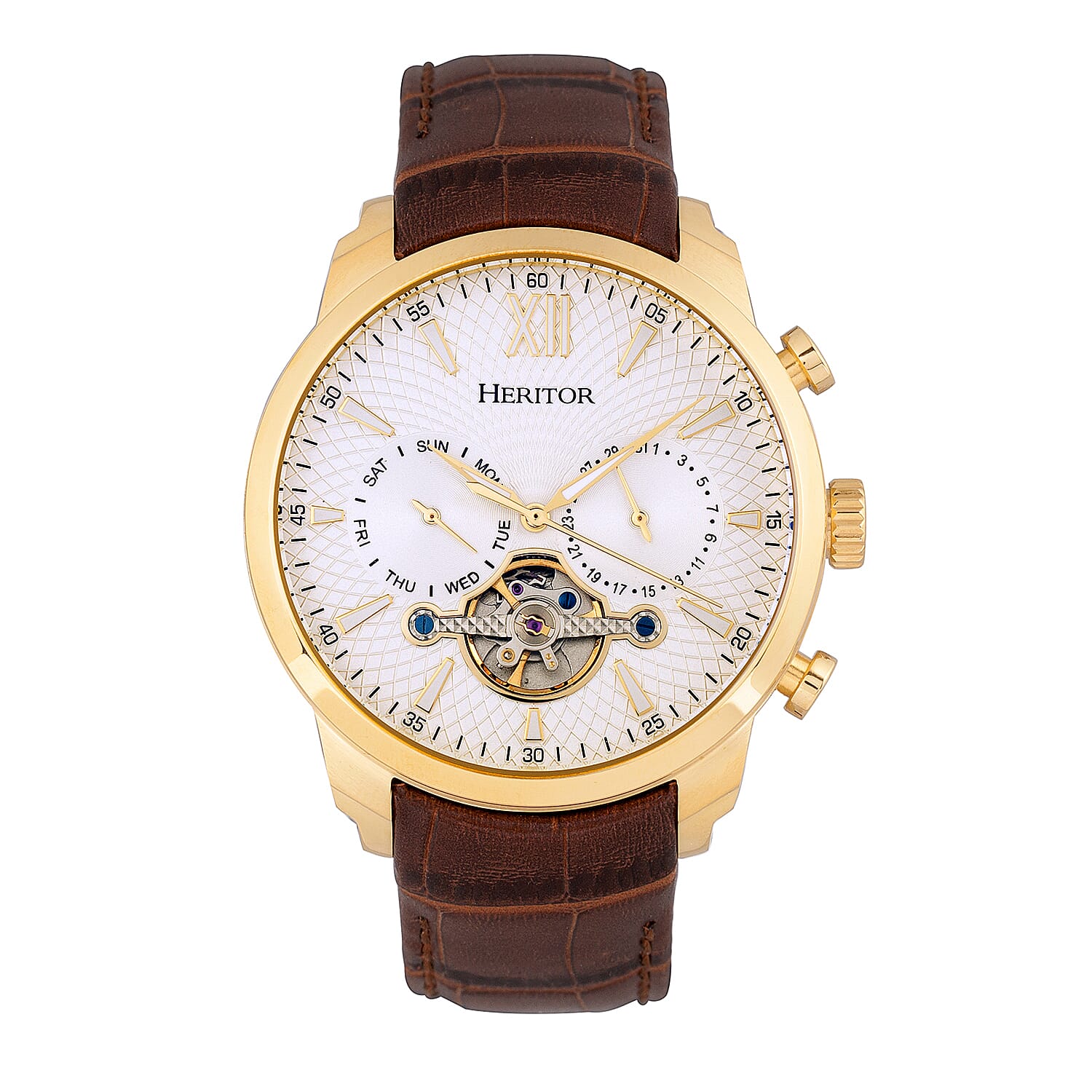 HERITOR Automatic Arthur Sapphire-Coated Mineral Crystal Semi-Skeleton White Dial Gold Casing 10 ATM Water Resistance with Brown Genuine Leather Crocodile-Embossed Strap