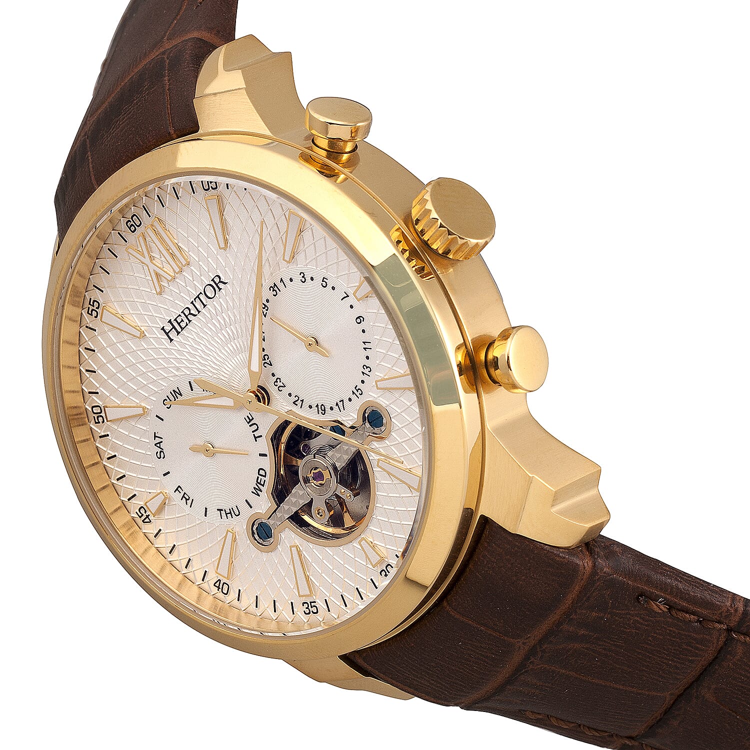 HERITOR Automatic Arthur Sapphire-Coated Mineral Crystal Semi-Skeleton White Dial Gold Casing 10 ATM Water Resistance with Brown Genuine Leather Crocodile-Embossed Strap