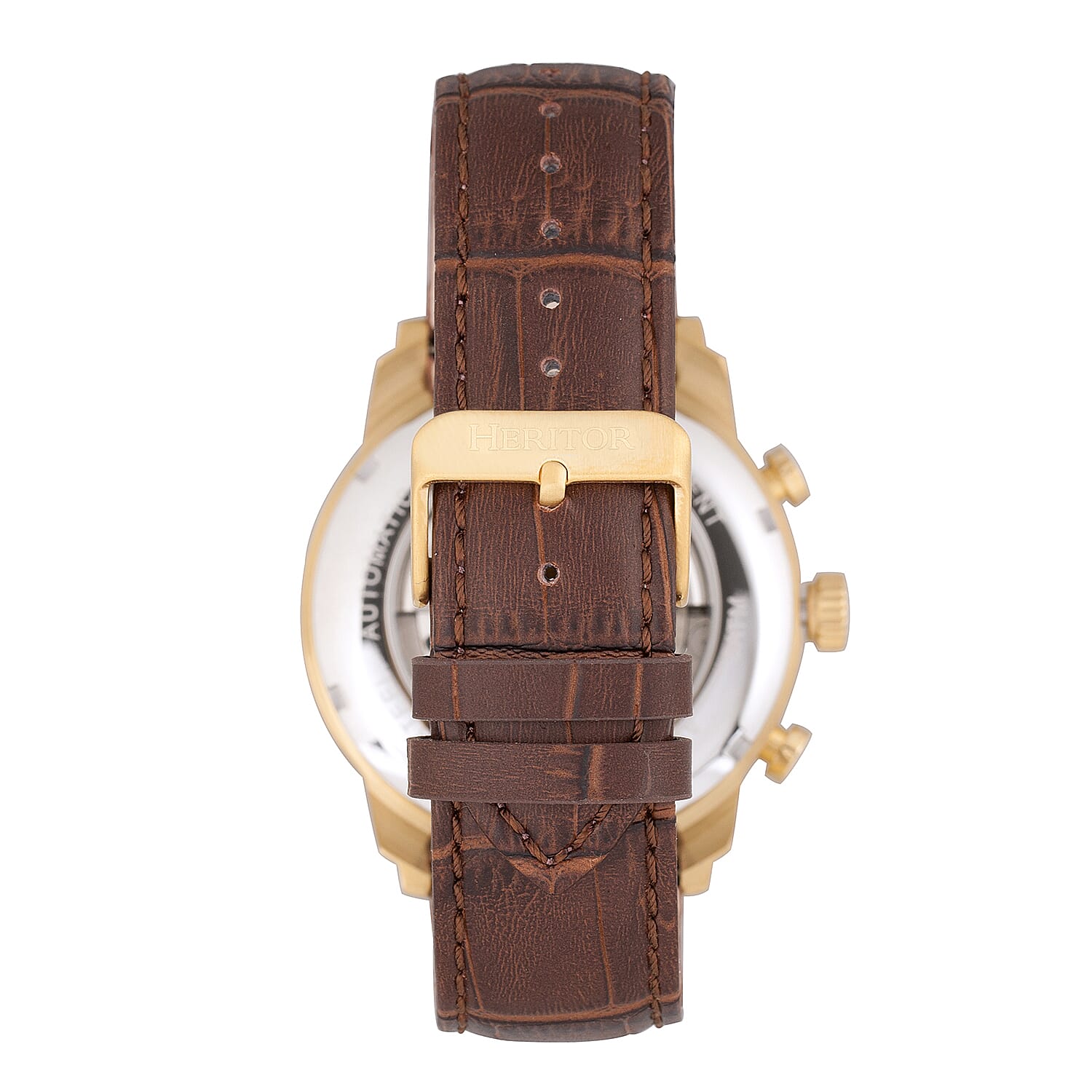 HERITOR Automatic Arthur Sapphire-Coated Mineral Crystal Semi-Skeleton White Dial Gold Casing 10 ATM Water Resistance with Brown Genuine Leather Crocodile-Embossed Strap