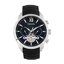 HERITOR Automatic Arthur Sapphire-Coated Mineral Crystal Semi-Skeleton Dial Silver Casing 5 ATM Water Resistance with Black Genuine Leather Crocodile-Embossed Strap