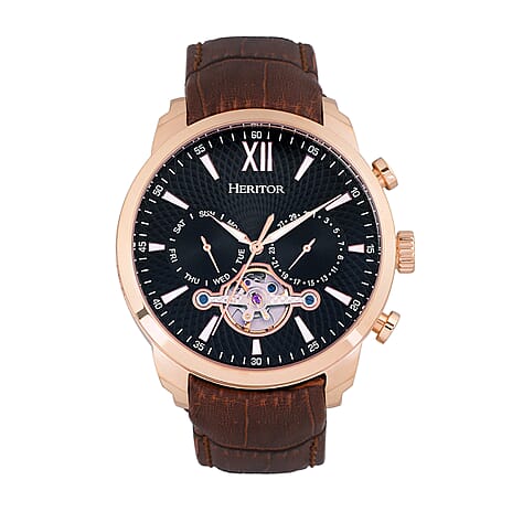 HERITOR Automatic Arthur Sapphire-Coated Mineral Crystal Semi-Skeleton Black Dial 10 ATM WR with Brown Genuine Leather Strap