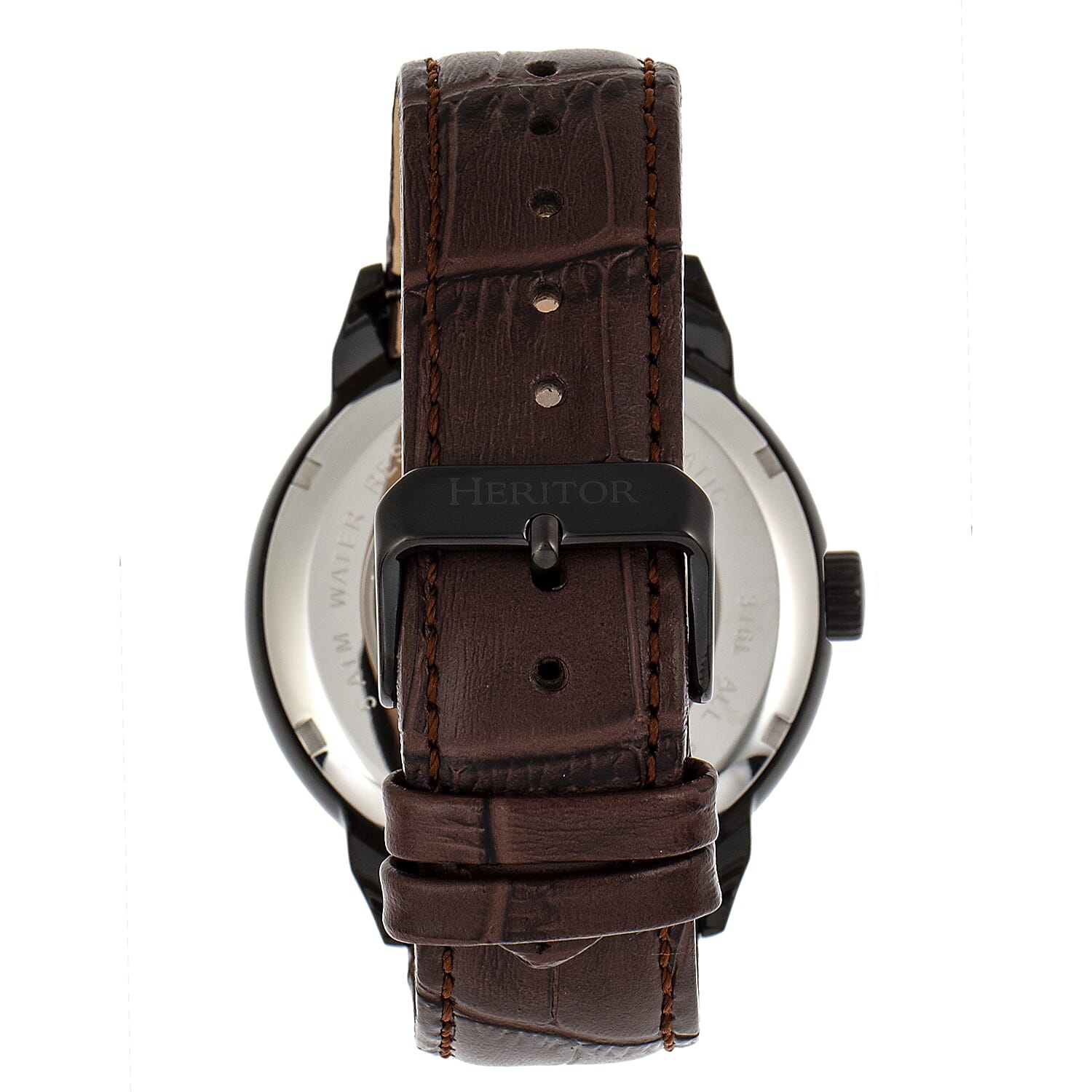 HERITOR Automatic Sanford Sapphire-Coated Mineral Crystal Semi-Skeleton Dial Black Bezel 5 ATM Water Resistance with Brown Genuine Leather Crocodile-Embossed Strap