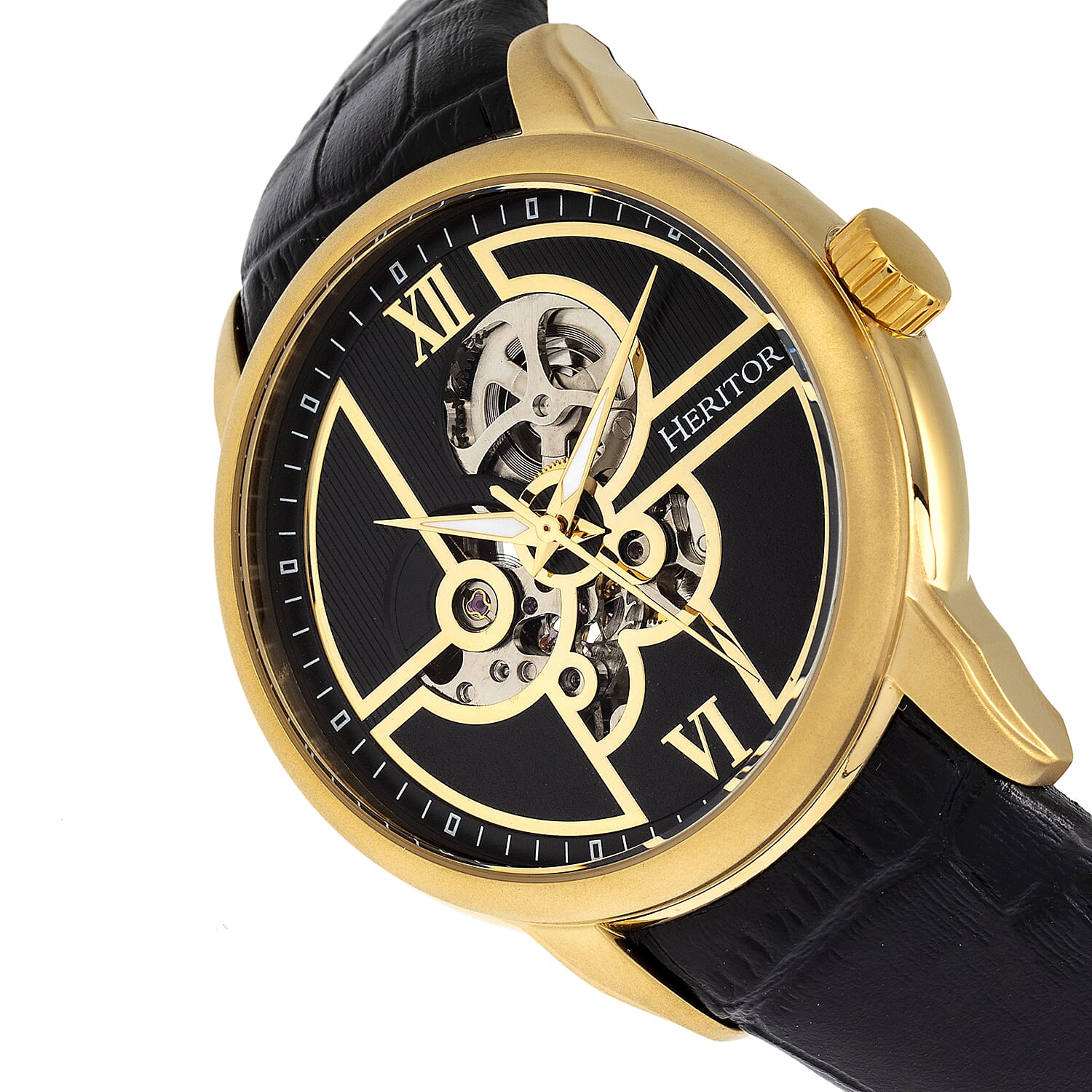 HERITOR Automatic Sanford Sapphire-Coated Mineral Crystal Semi-Skeleton Dial Gold Bezel 5 ATM Water Resistance with Black Genuine Leather Crocodile-Embossed Strap