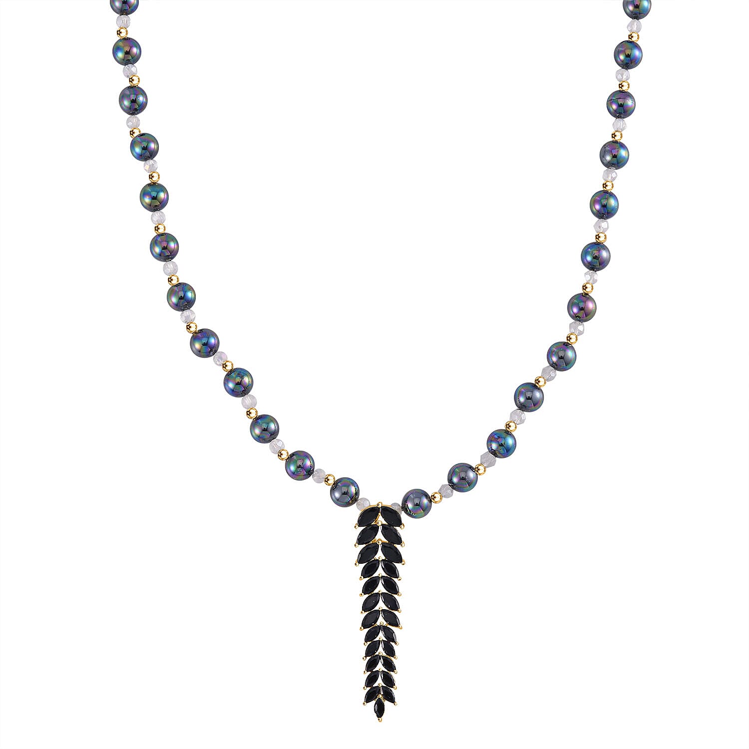 Designer Closeout - Tahitian Colour Shell Pearl, Black Cubic Zirconia & Crystal Necklace (Size 20-22)