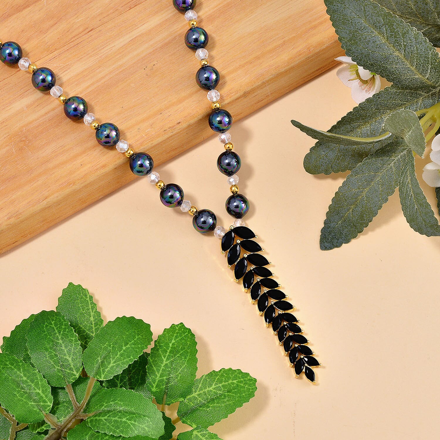 Designer Closeout - Tahitian Colour Shell Pearl, Black Cubic Zirconia & Crystal Necklace (Size 20-22)