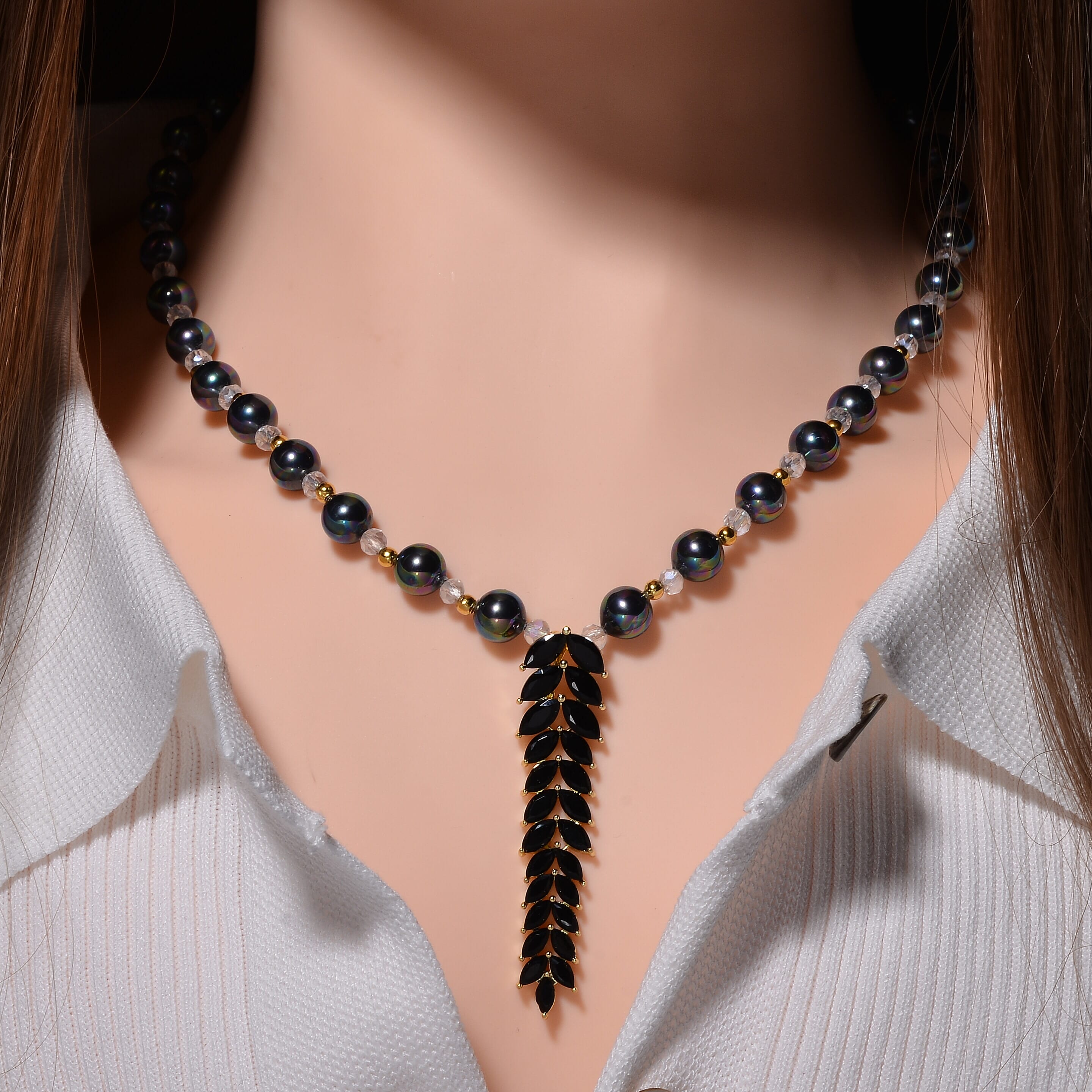 Designer Closeout - Tahitian Colour Shell Pearl, Black Cubic Zirconia & Crystal Necklace (Size 20-22)