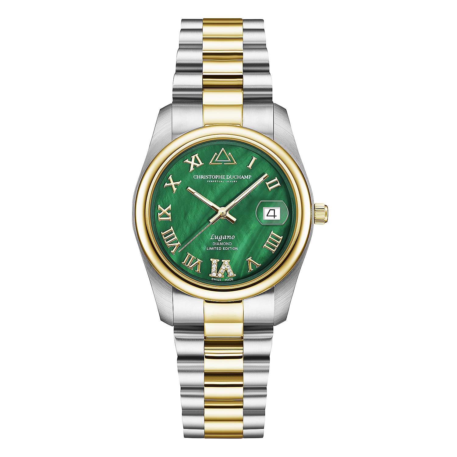 CHRISTOPHE DUCHAMP - Swiss Made LUGANO 11 Diamond Ladies Limited Edition, Swiss Movt, Green Mother of Pearl Dial, 50 Metres Water Resistant, Sapphire Crystal Glass, 34mm Dial in Two Tone