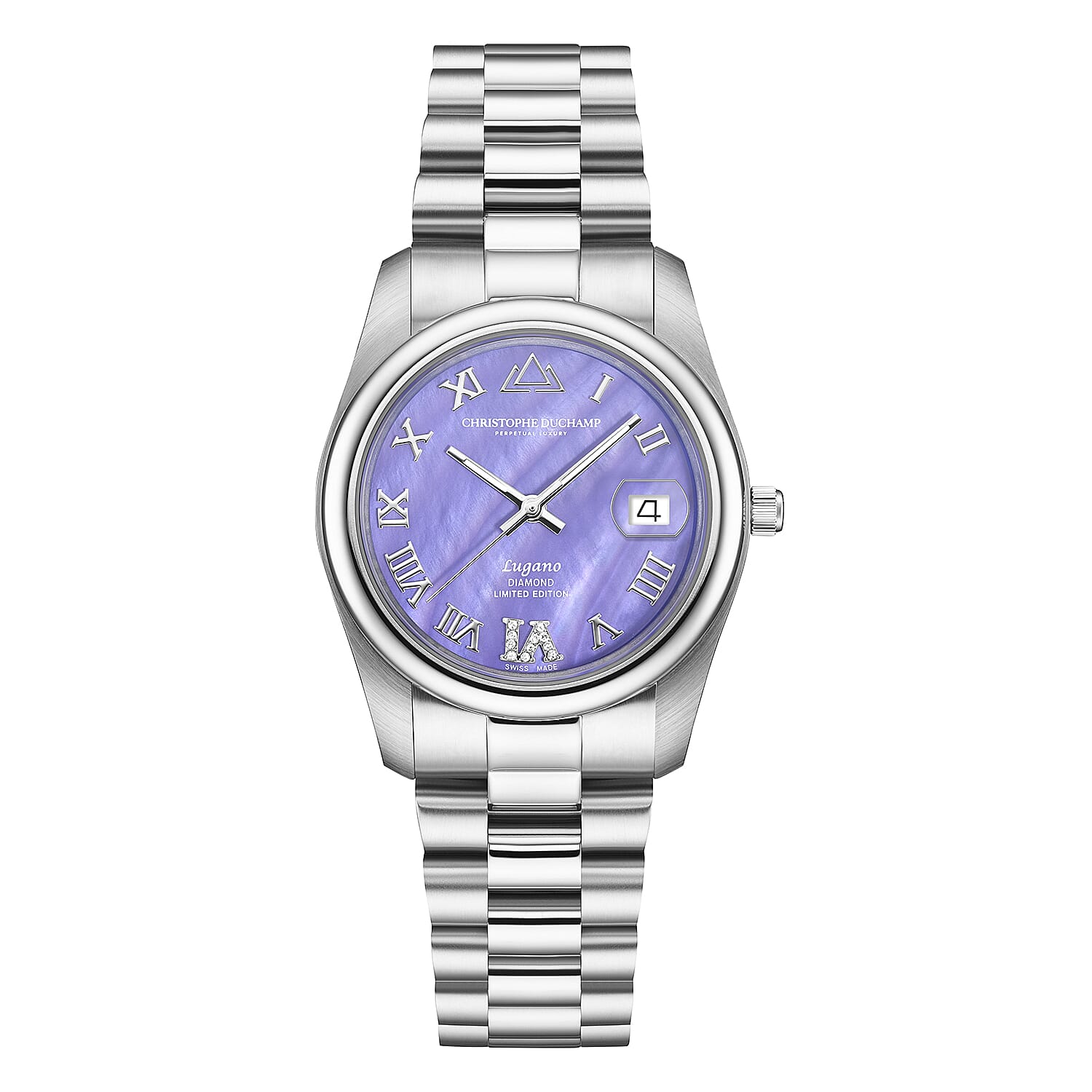CHRISTOPHE DUCHAMP  - Swiss Made LUGANO 11 Diamond Ladies Limited Edition, Swiss Movt, Purple Mother of Pearl Dial, 5 ATM WR, Sapphire Crystal Glass, 34mm Dial