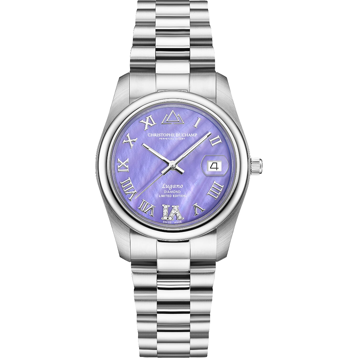 CHRISTOPHE DUCHAMP  - Swiss Made LUGANO 11 Diamond Ladies Limited Edition, Swiss Movt, Purple Mother of Pearl Dial, 5 ATM WR, Sapphire Crystal Glass, 34mm Dial