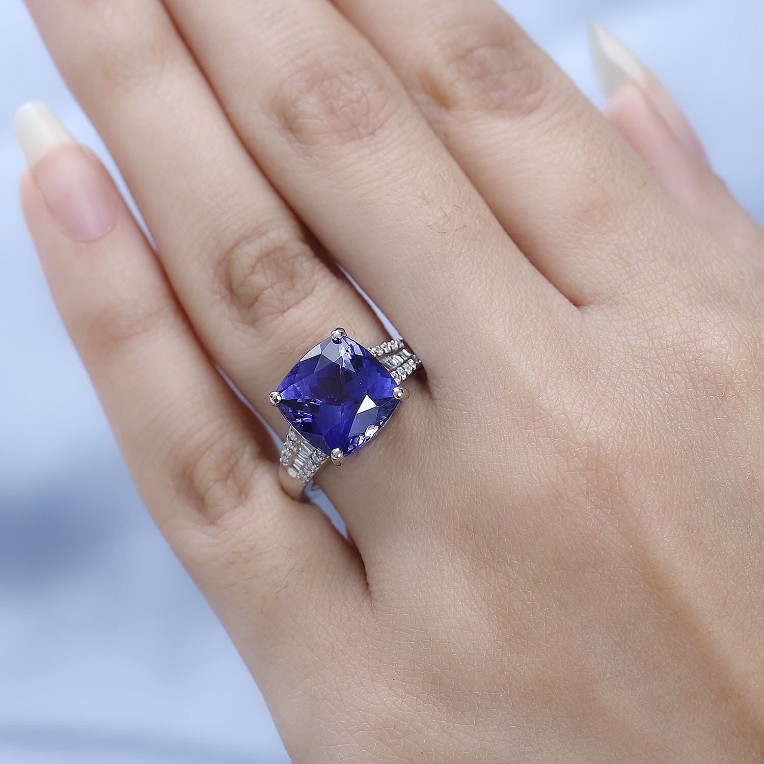 RHAPSODY 950 Platinum AAAA (Cushion) Tanzanite & Diamond (VS-E-F) Ring 6.83 Ct, Platinum Wt. 6.71 Ct