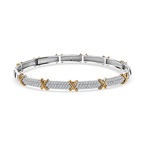 Designer Inspired - Moissanite Two Tone Plated Station Bangle (Size 7.5) in Sterling Silver & 18K Gold Vermeil 2.20 Ct.