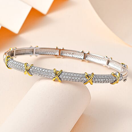 Designer Inspired - Moissanite Two Tone Plated Station Bangle (Size 7.5) in Sterling Silver & 18K Gold Vermeil 2.20 Ct.