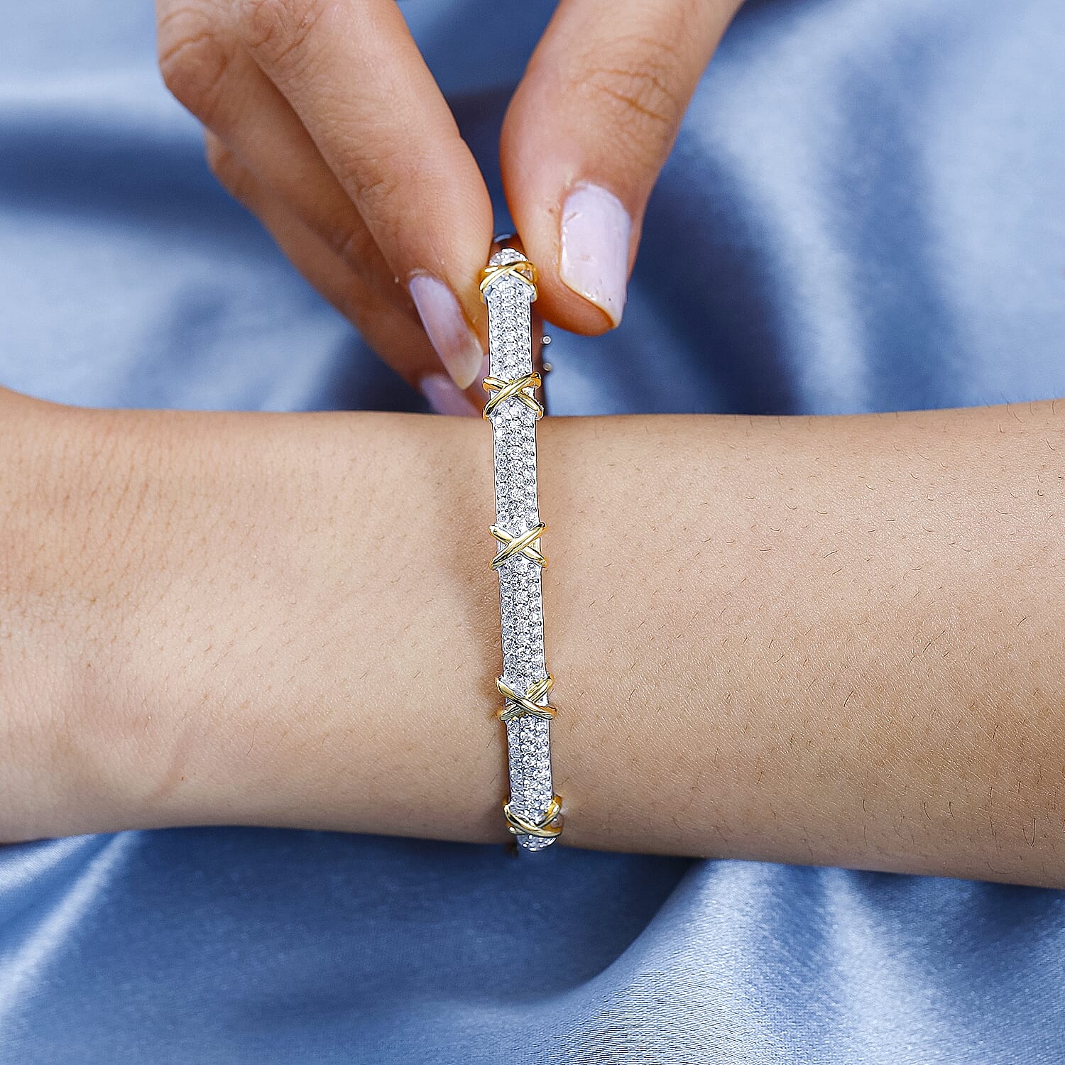 Designer Inspired - Moissanite Two Tone Plated Station Bangle (Size 7.5) in Sterling Silver & 18K Gold Vermeil 2.20 Ct.