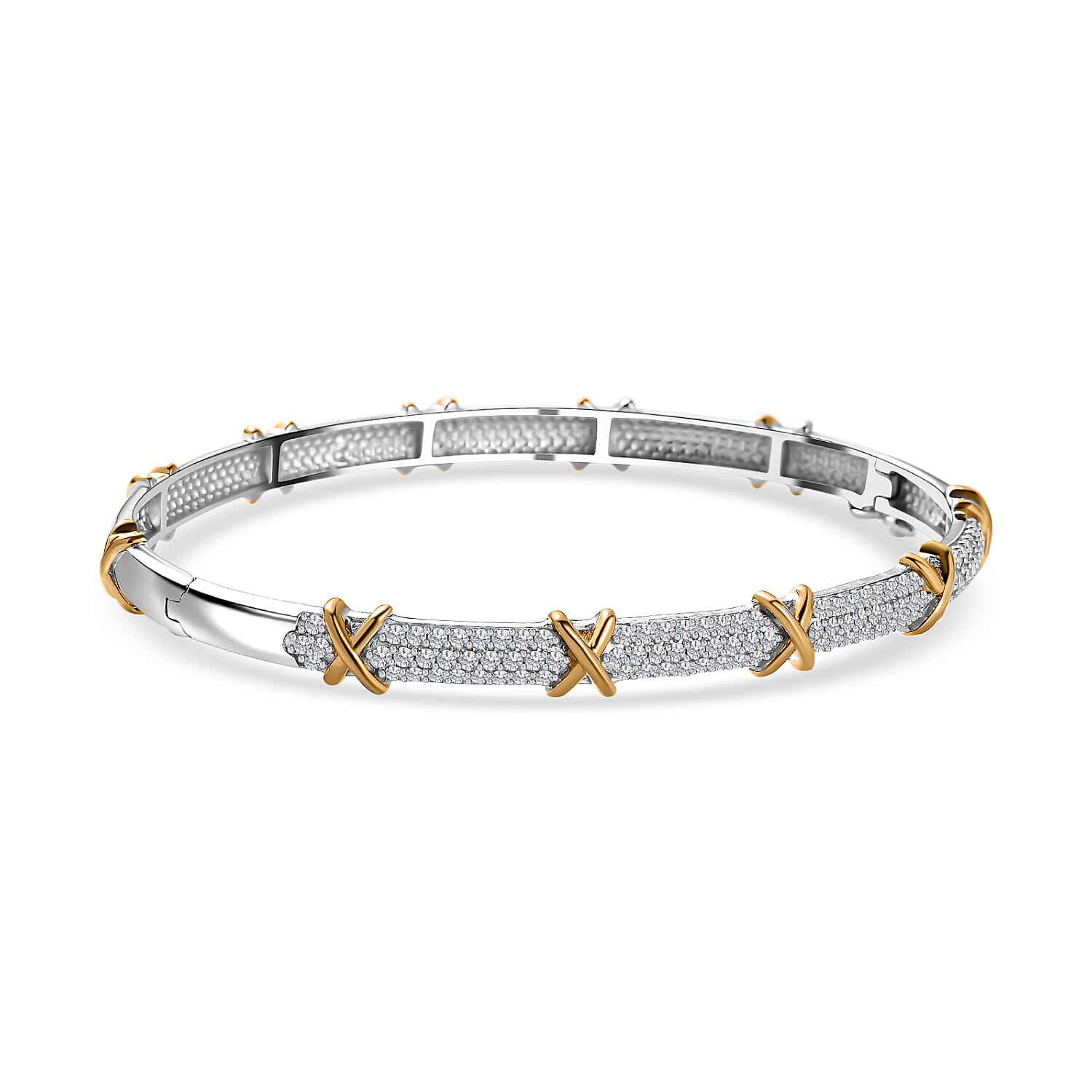 Designer Inspired - Moissanite Two Tone Plated Station Bangle (Size 7.5) in Sterling Silver & 18K Gold Vermeil 2.20 Ct.