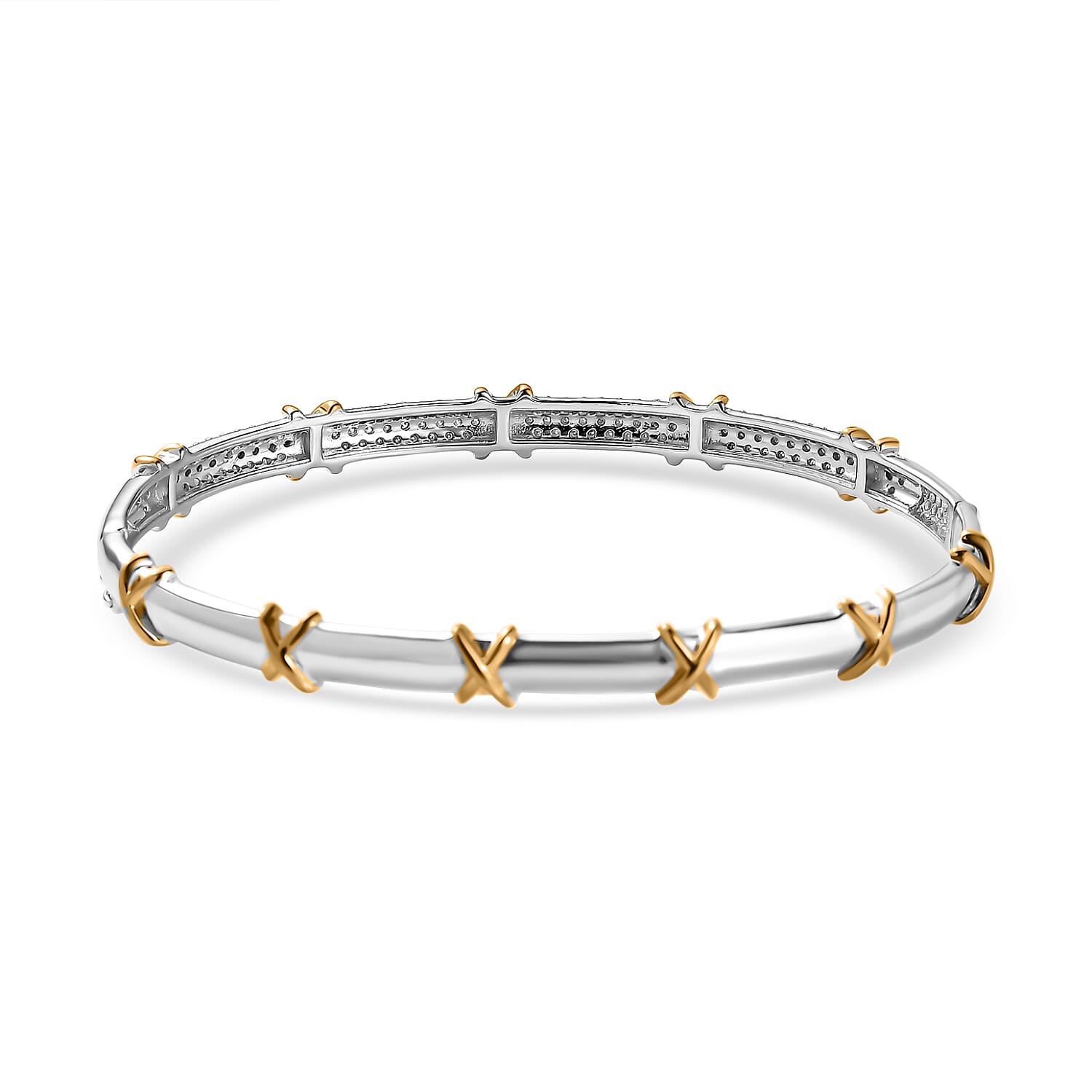 Designer Inspired - Moissanite Two Tone Plated Station Bangle (Size 7.5) in Sterling Silver & 18K Gold Vermeil 2.20 Ct.