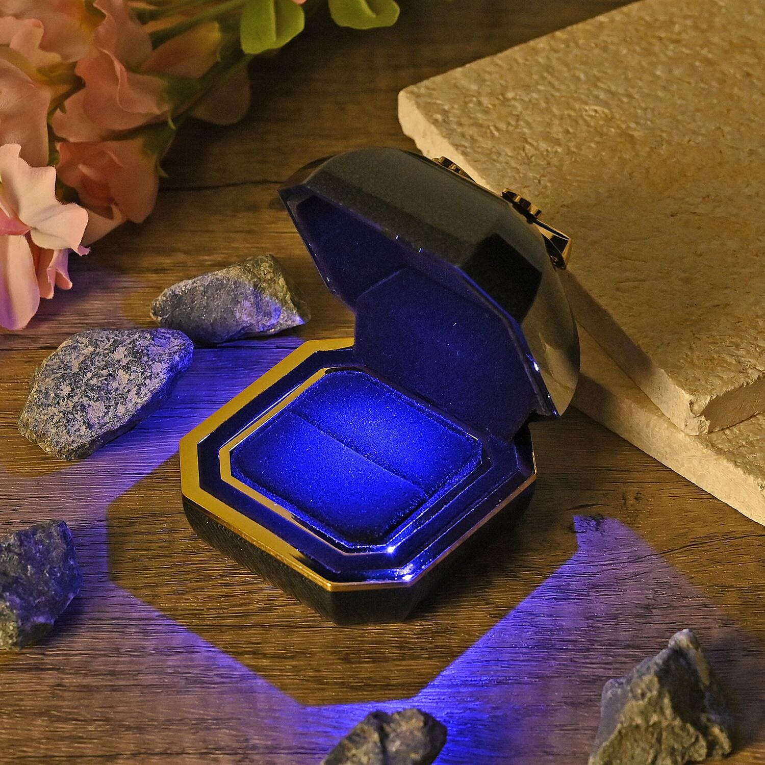 Luxurious Polished LED Lighted Solid Ring Box With Anti-Tarnish Protection (Size - 7x7x6 cm) - Black