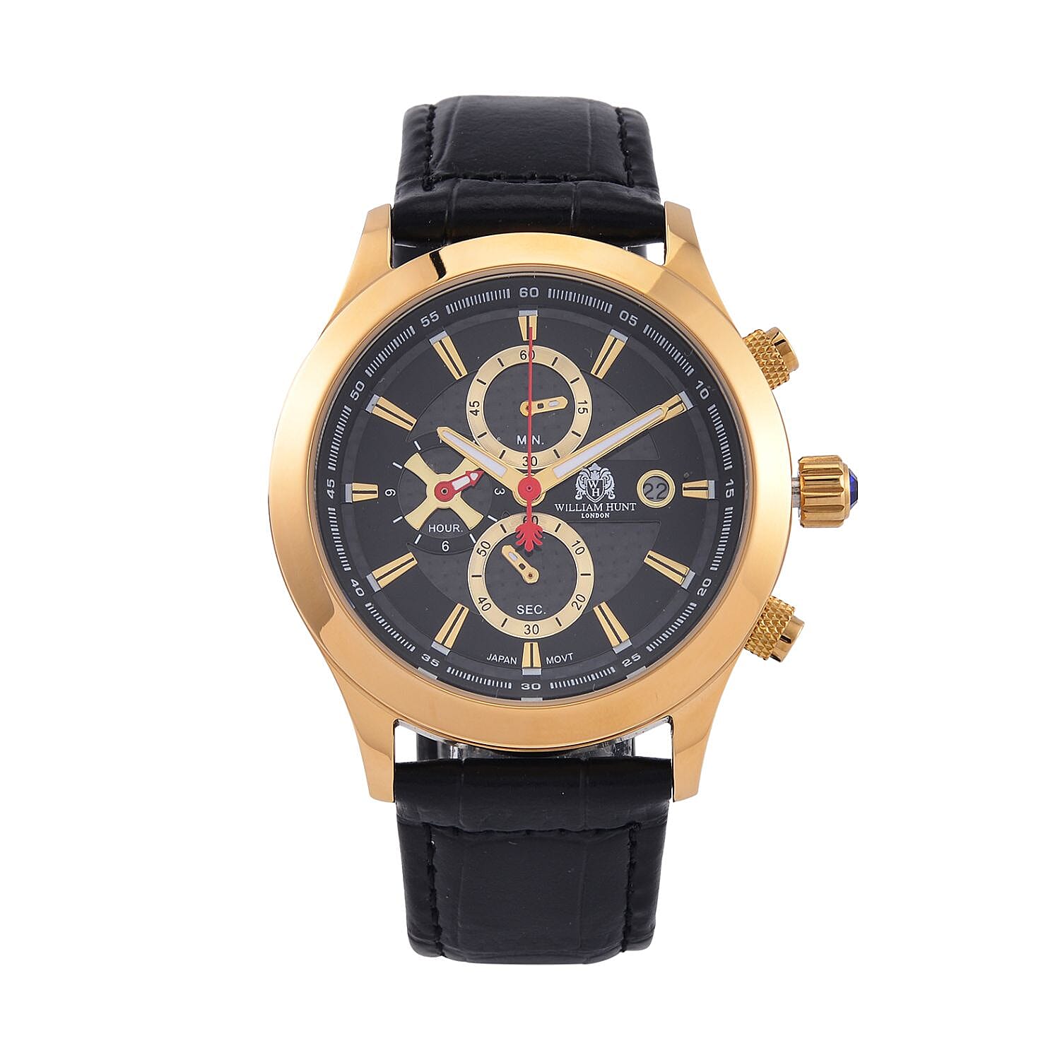 William Hunt Multifunction Japanese Movement 5 ATM Water Resistant Watch with Black Leather Strap in Yellow Gold Tone