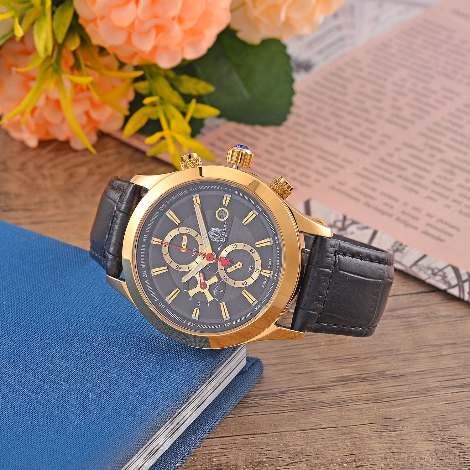 William Hunt Multifunction Japanese Movement 5 ATM Water Resistant Watch with Black Leather Strap in Yellow Gold Tone