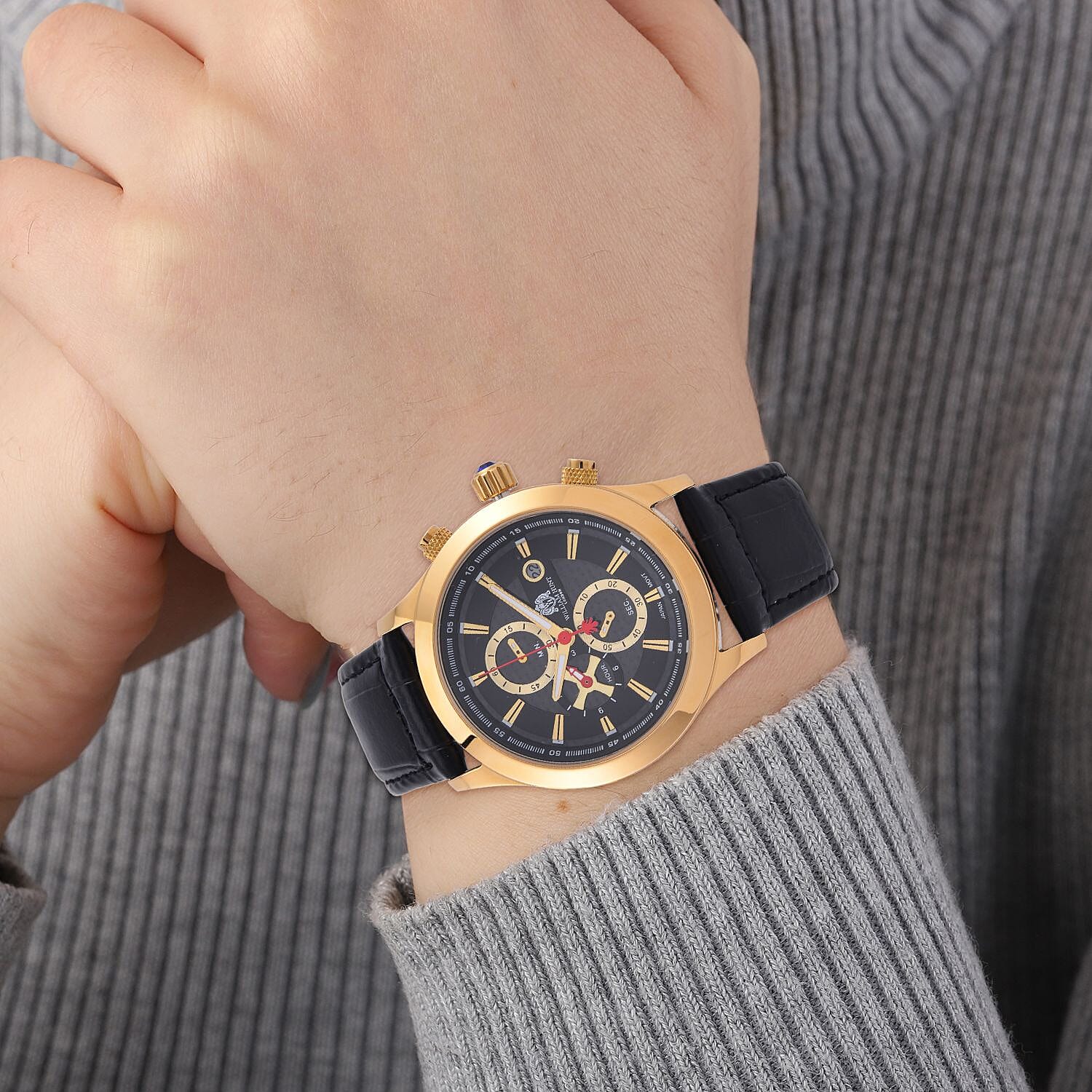 William Hunt Multifunction Japanese Movement 5 ATM Water Resistant Watch with Black Leather Strap in Yellow Gold Tone