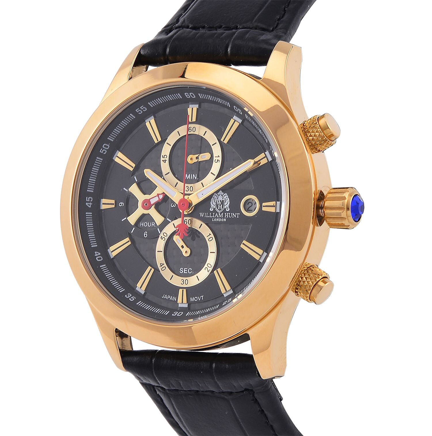 William Hunt Multifunction Japanese Movement 5 ATM Water Resistant Watch with Black Leather Strap in Yellow Gold Tone