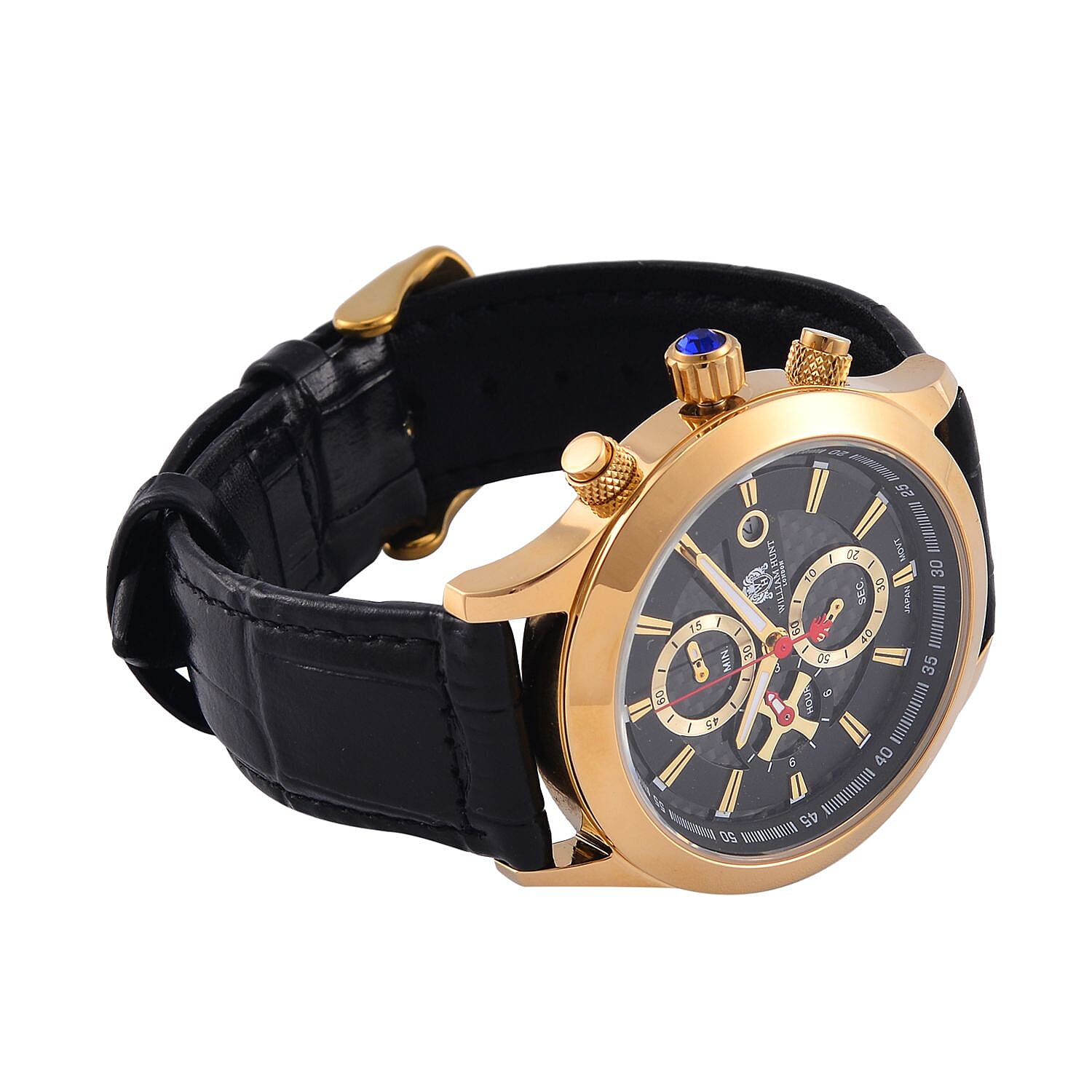 William Hunt Multifunction Japanese Movement 5 ATM Water Resistant Watch with Black Leather Strap in Yellow Gold Tone