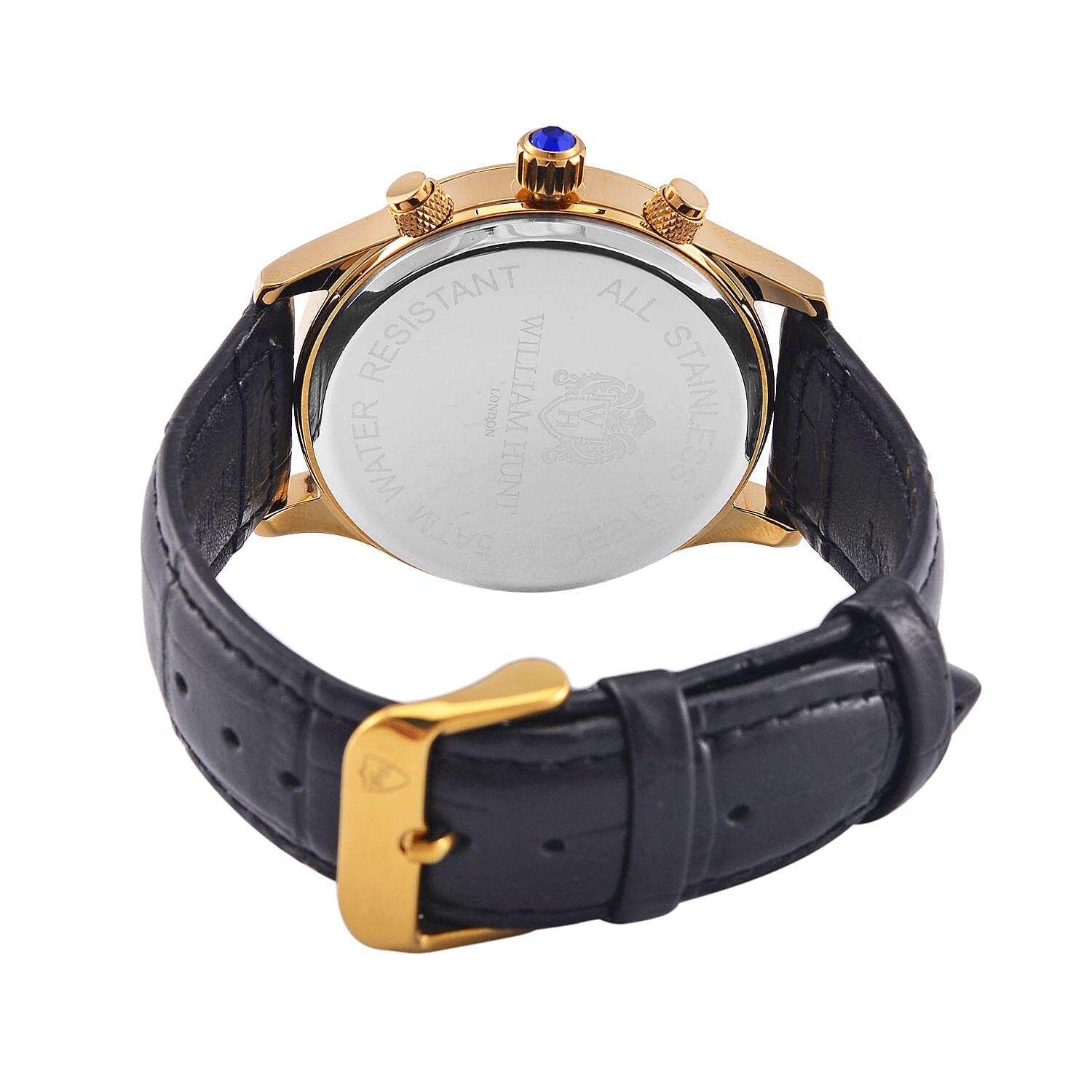 William Hunt Multifunction Japanese Movement 5 ATM Water Resistant Watch with Black Leather Strap in Yellow Gold Tone