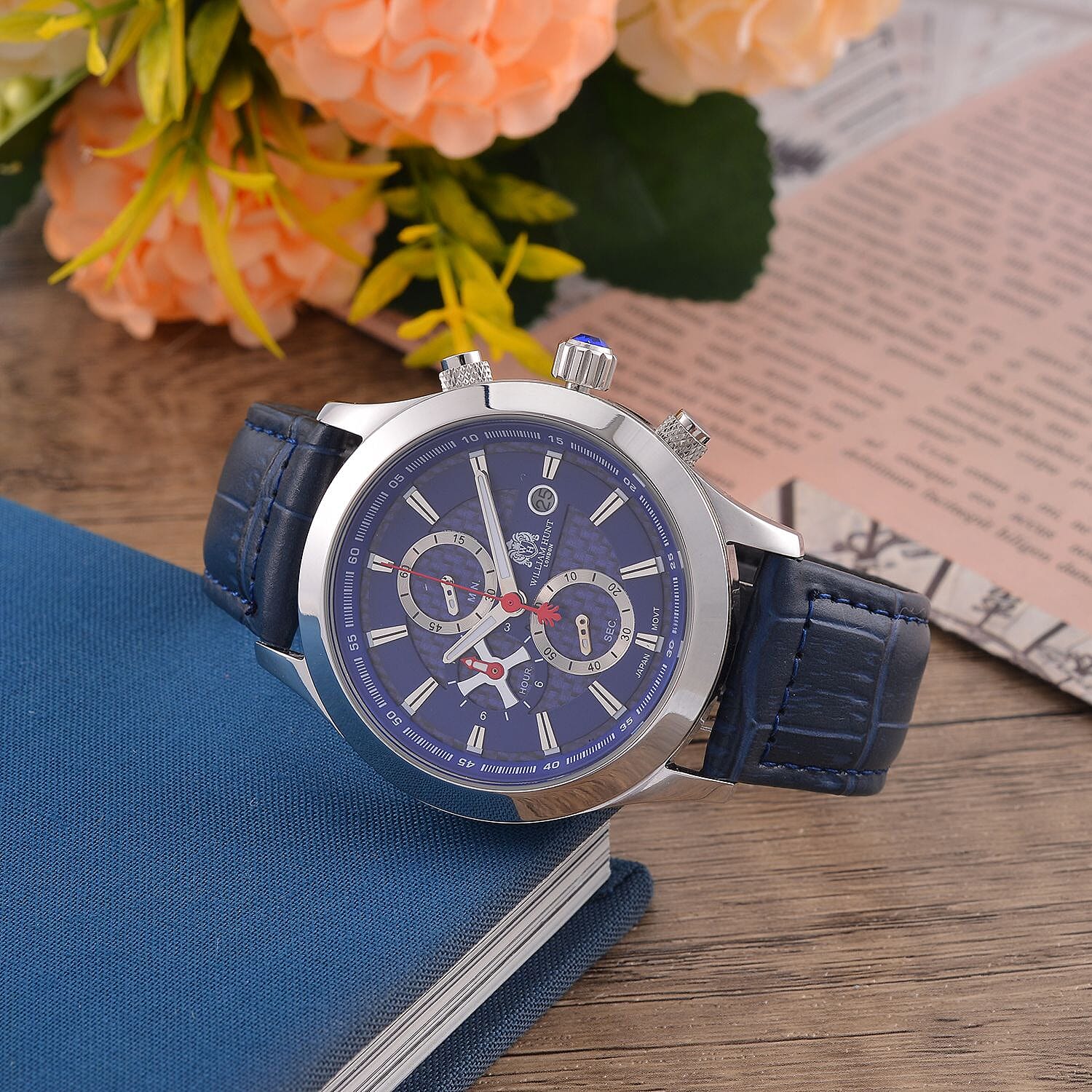 William Hunt Multifunction 5 ATM Water Resistant Watch with Blue Leather Strap in Silver Tone