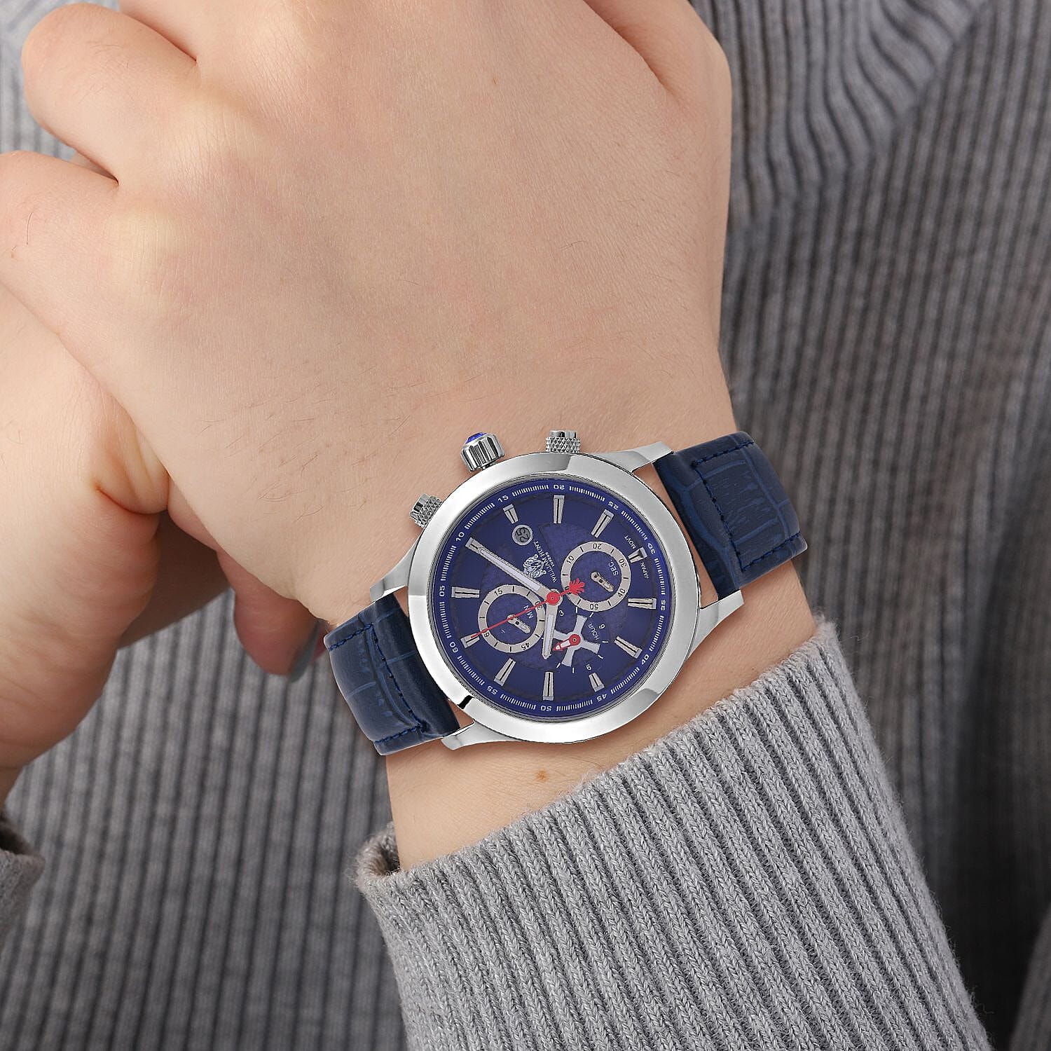William Hunt Multifunction 5 ATM Water Resistant Watch with Blue Leather Strap in Silver Tone