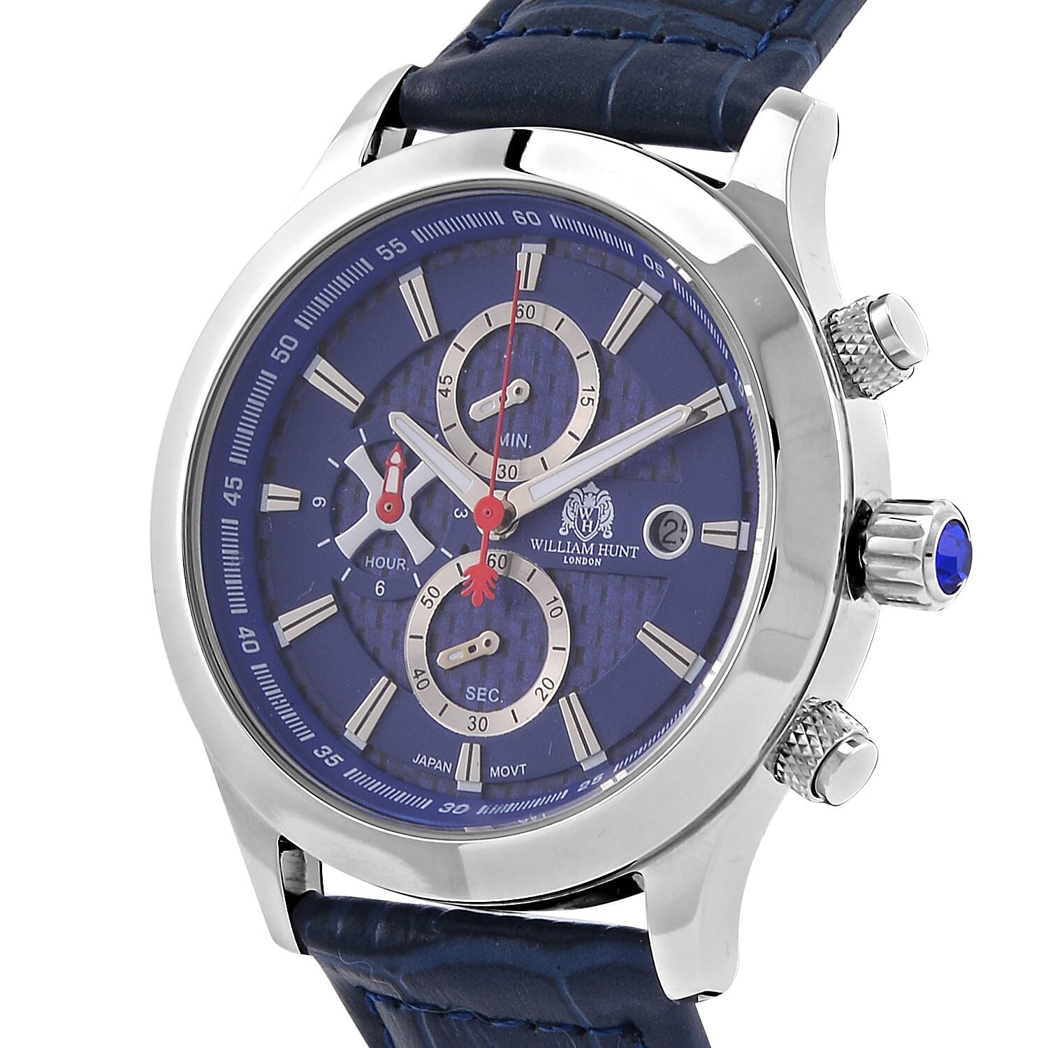 William Hunt Multifunction 5 ATM Water Resistant Watch with Blue Leather Strap in Silver Tone