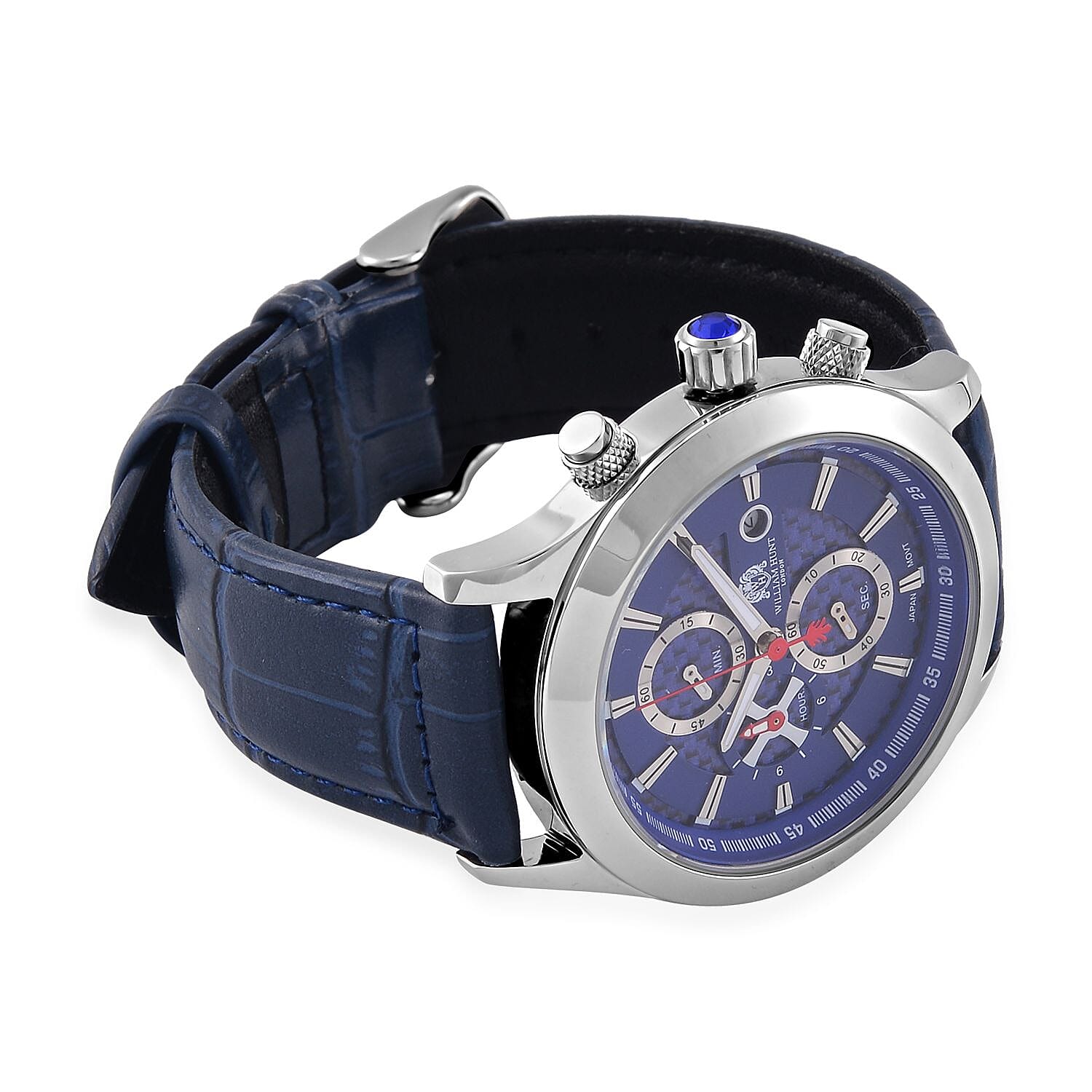 William Hunt Multifunction 5 ATM Water Resistant Watch with Blue Leather Strap in Silver Tone