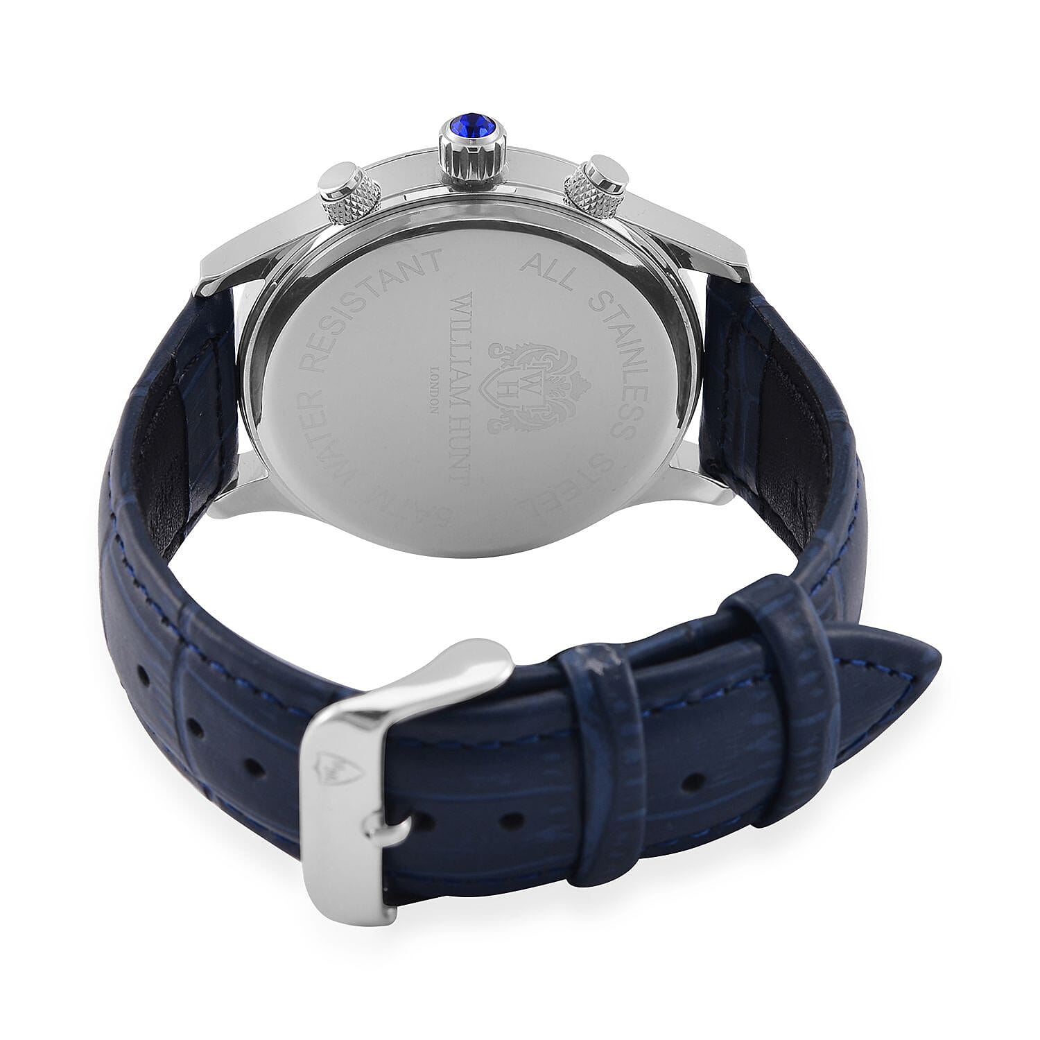 William Hunt Multifunction 5 ATM Water Resistant Watch with Blue Leather Strap in Silver Tone