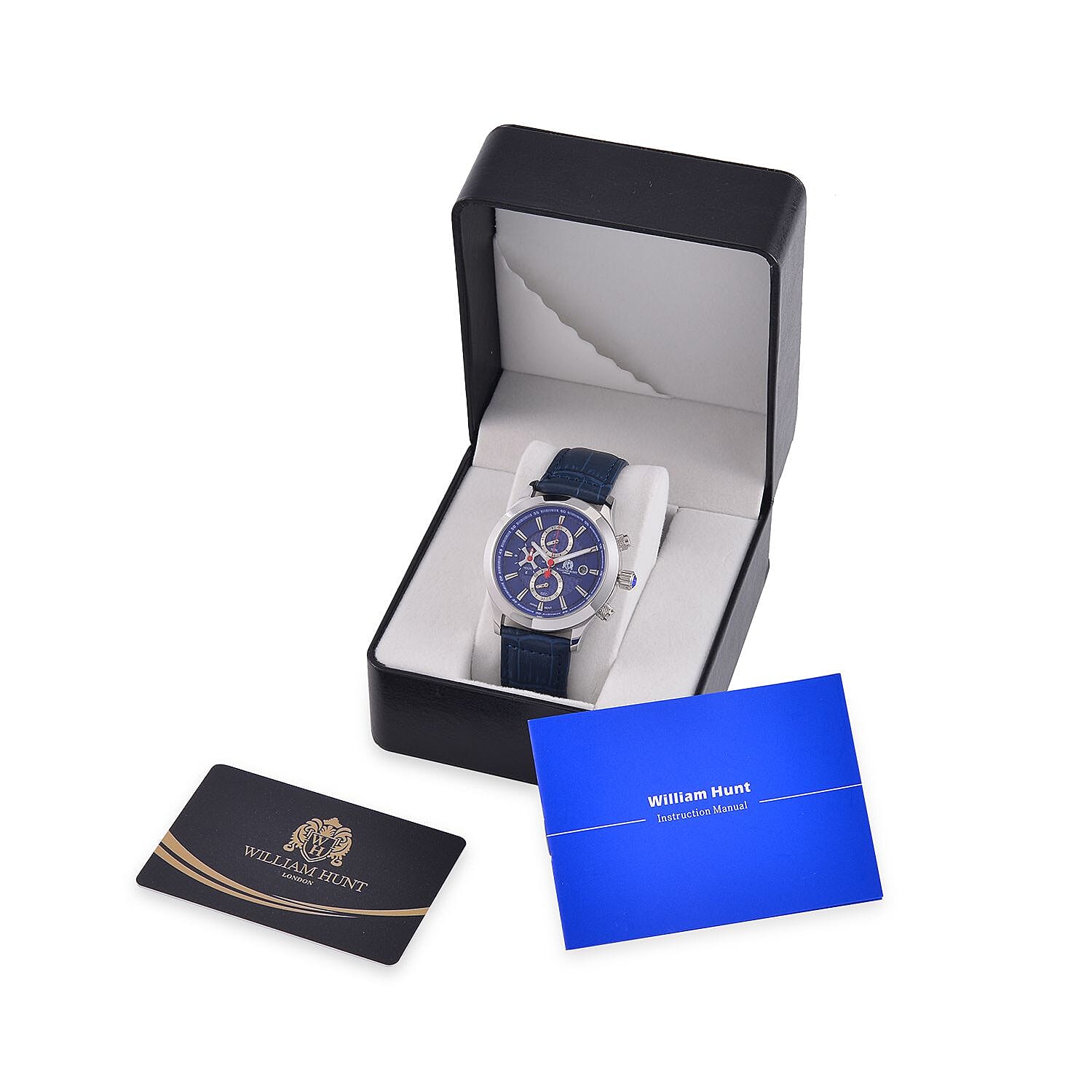 William Hunt Multifunction 5 ATM Water Resistant Watch with Blue Leather Strap in Silver Tone