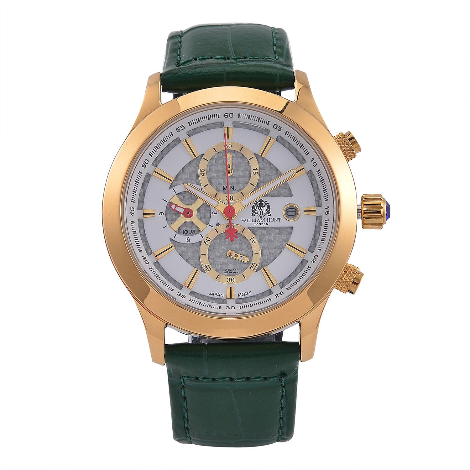 William Hunt Multifunction 5 ATM Water Resistant Watch with Green Leather Strap in Gold Tone