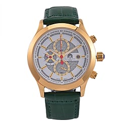 William Hunt Multifunction 5 ATM Water Resistant Watch with Green Leather Strap in Gold Tone