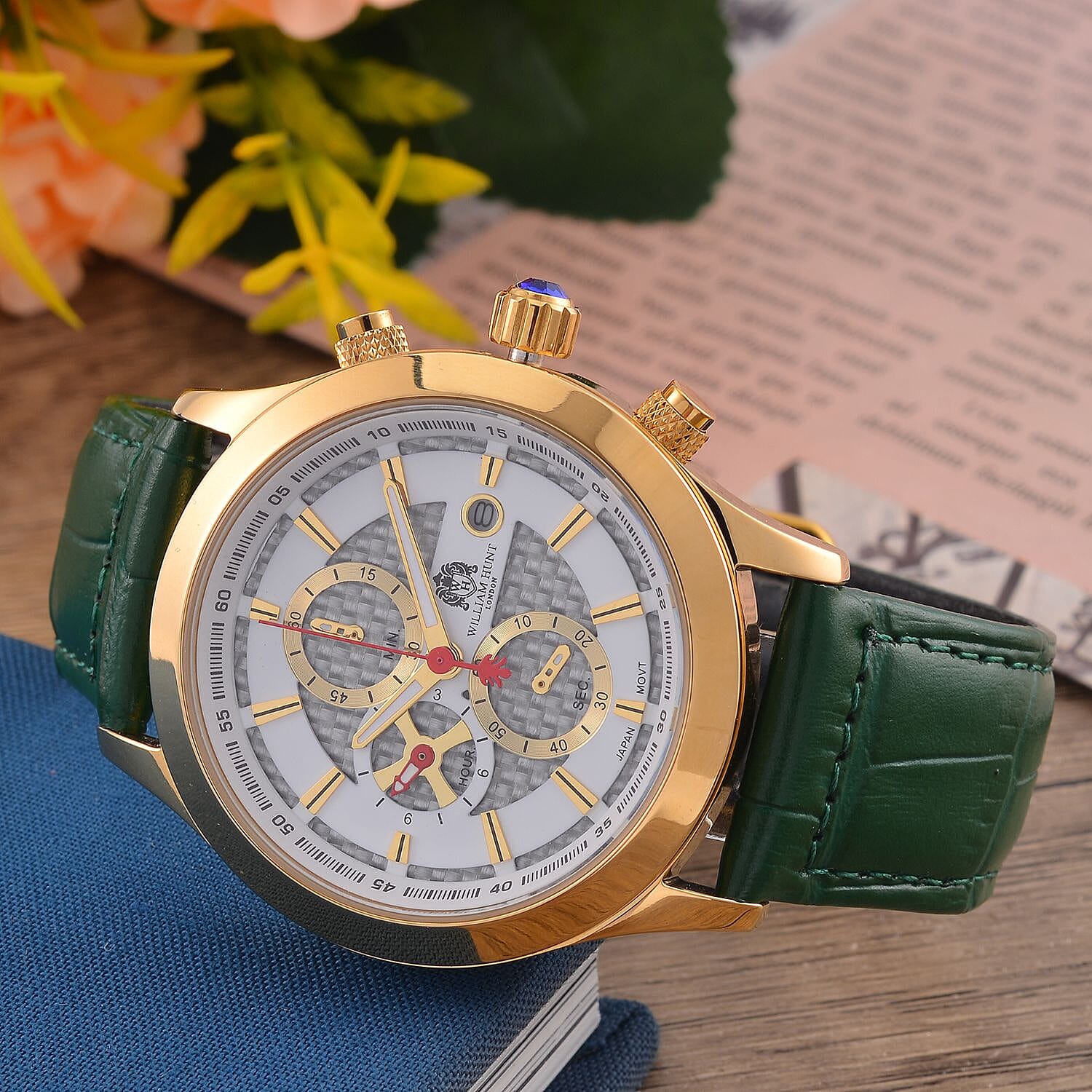William Hunt Multifunction 5 ATM Water Resistant Watch with Green Leather Strap in Gold Tone