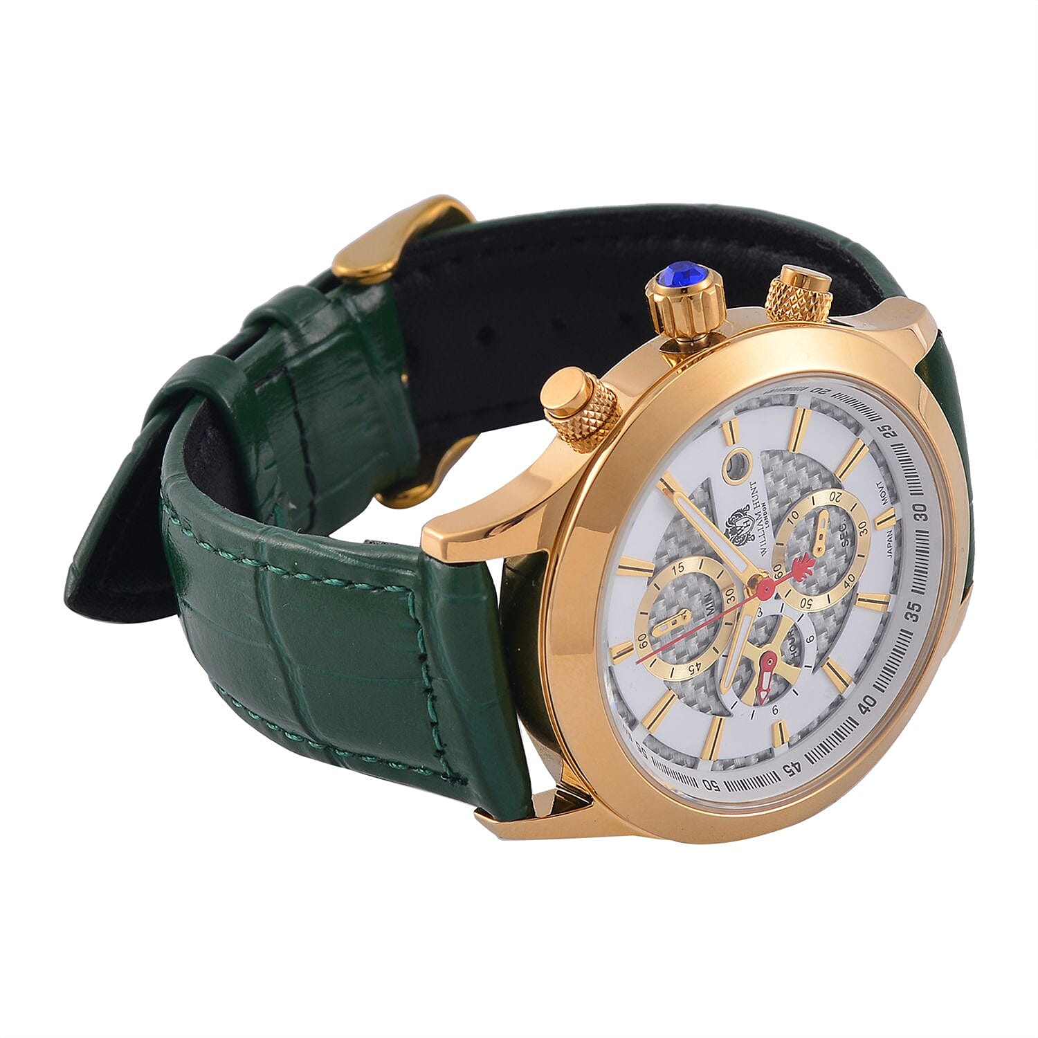 William Hunt Multifunction 5 ATM Water Resistant Watch with Green Leather Strap in Gold Tone