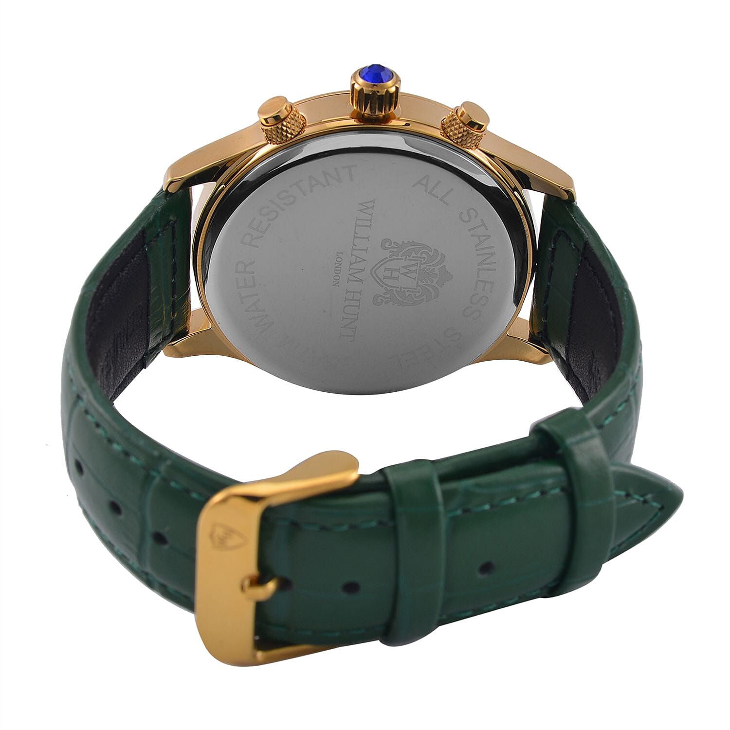 William Hunt Multifunction 5 ATM Water Resistant Watch with Green Leather Strap in Gold Tone