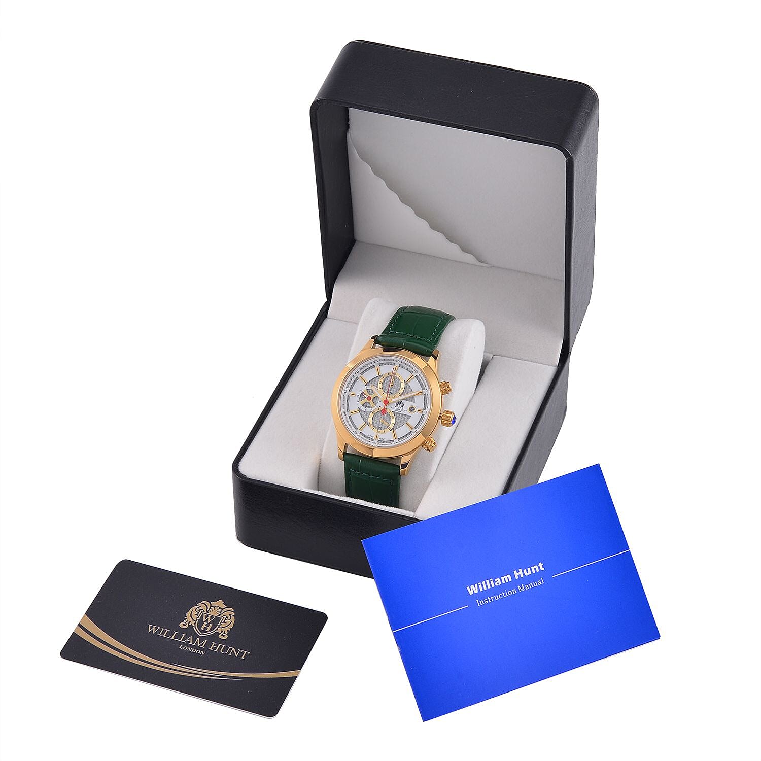 William Hunt Multifunction 5 ATM Water Resistant Watch with Green Leather Strap in Gold Tone