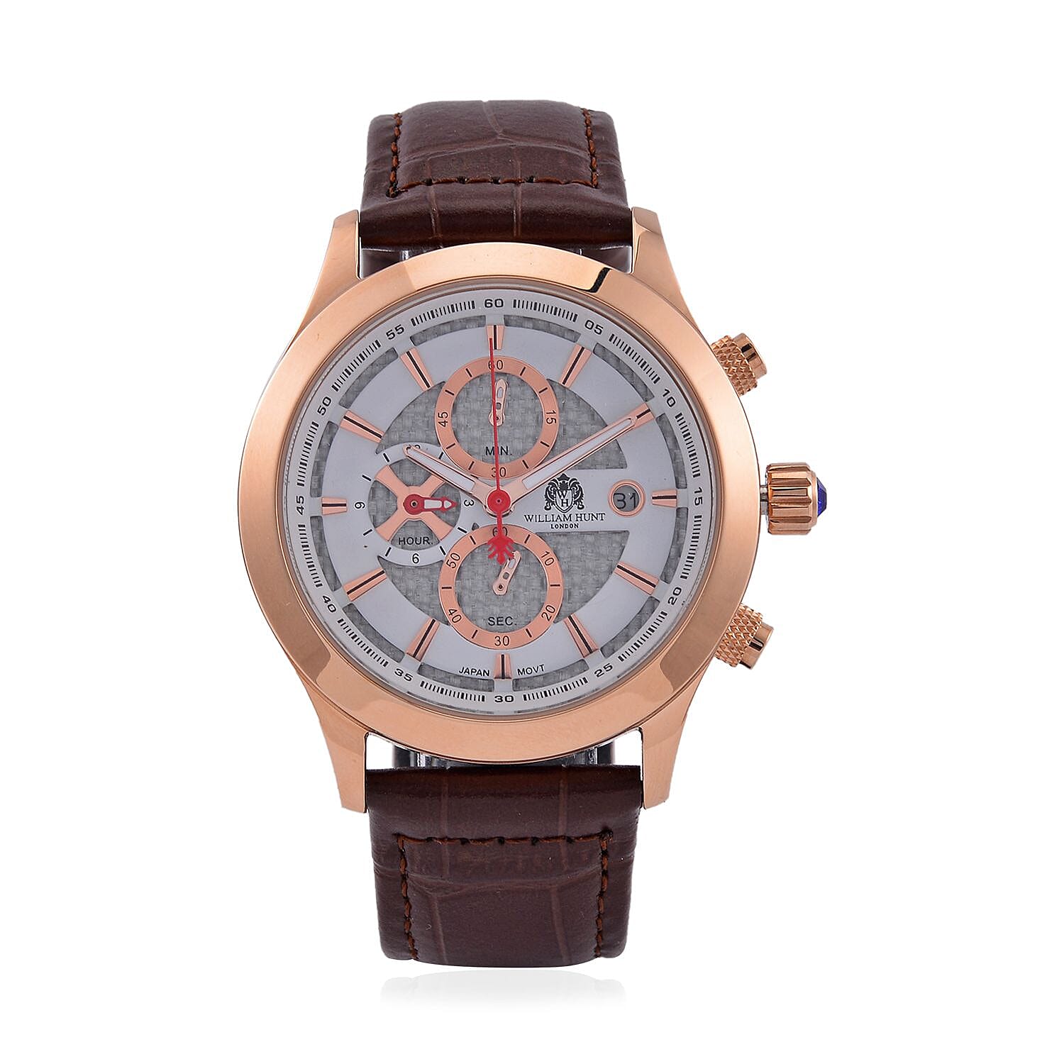 William Hunt Multifunction Japanese Movement 5 ATM Water Resistant Watch with Brown Leather Strap