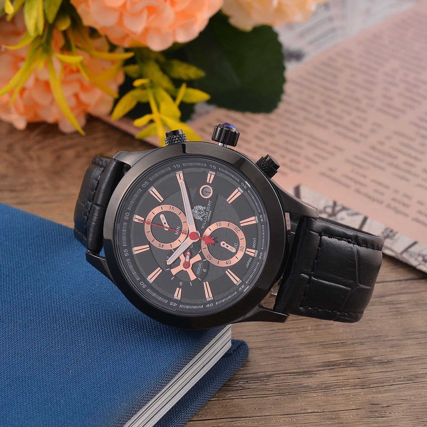 William Hunt Multifunction Black Dial 5 ATM Water Resistant Watch with Black Leather Strap