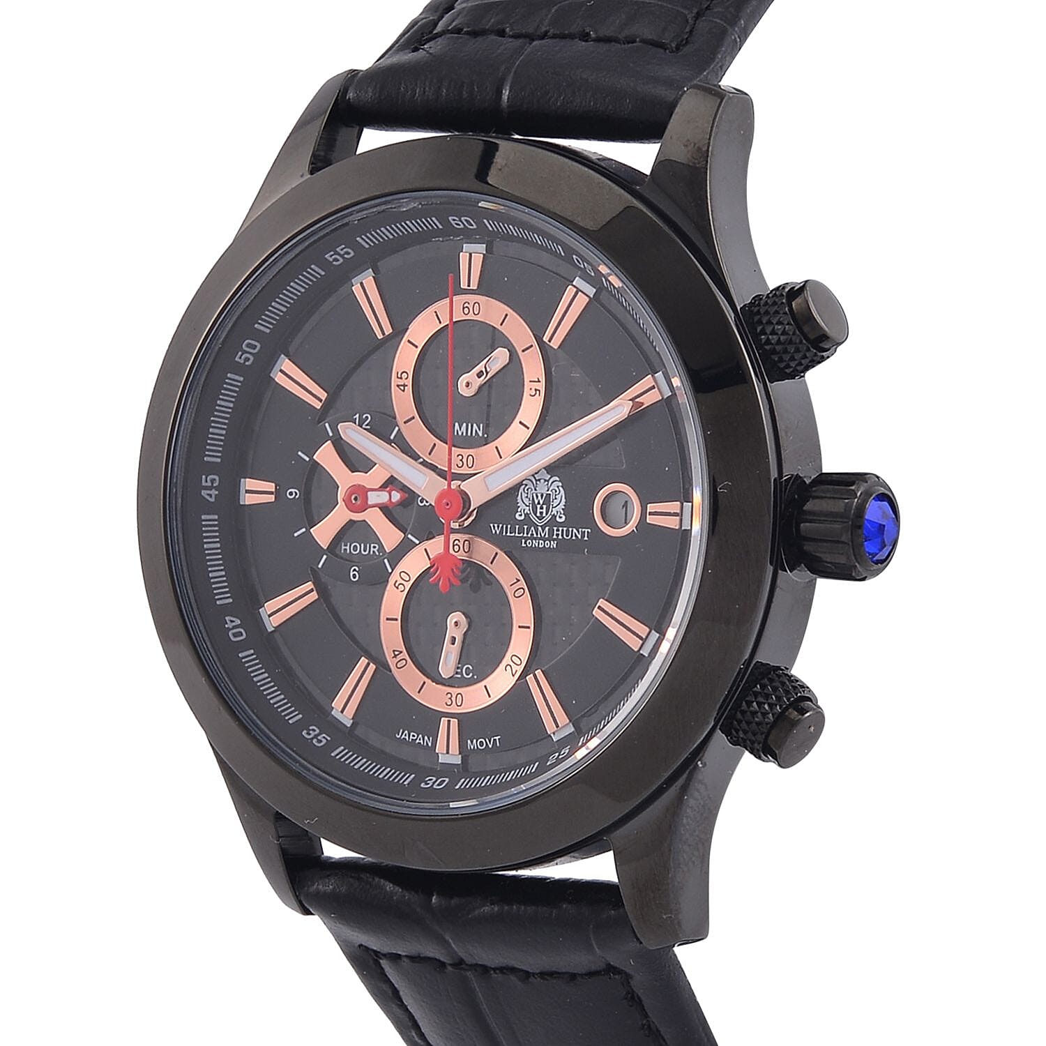 William Hunt Multifunction Black Dial 5 ATM Water Resistant Watch with Black Leather Strap