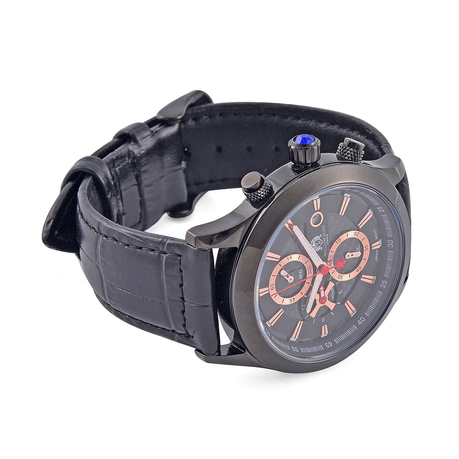 William Hunt Multifunction Black Dial 5 ATM Water Resistant Watch with Black Leather Strap