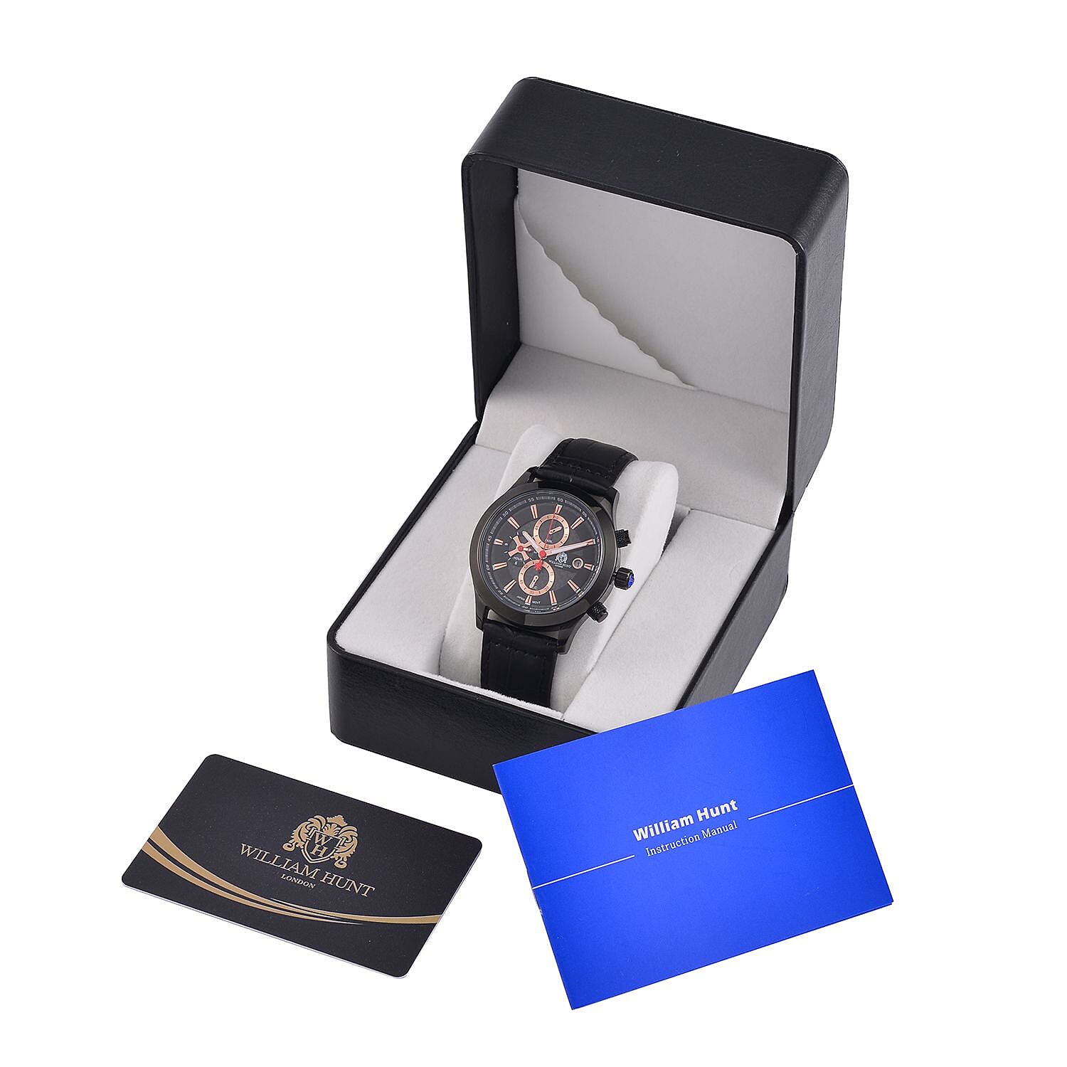 William Hunt Multifunction Black Dial 5 ATM Water Resistant Watch with Black Leather Strap