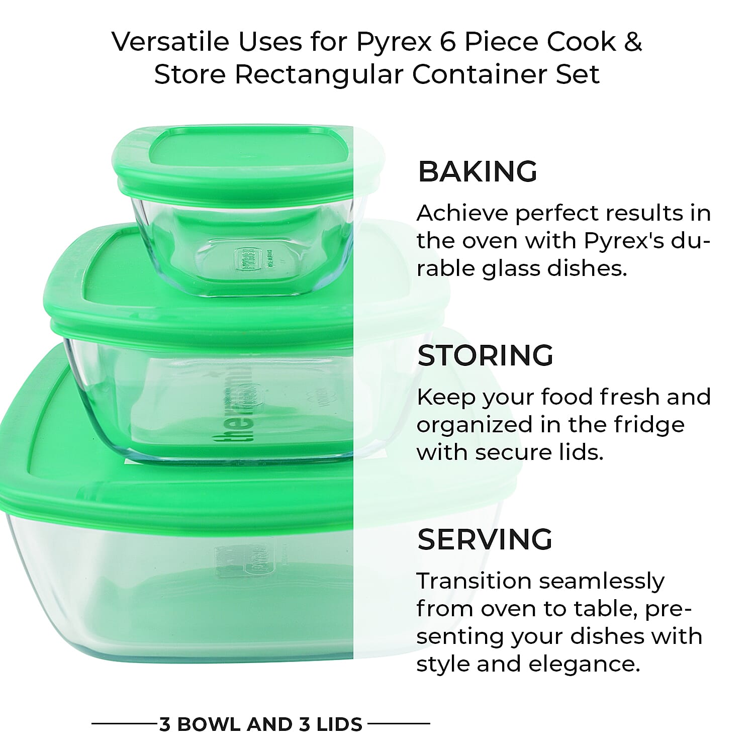 LIQUIDATION DEAL - Pyrex 3 Cook & Store Rectangular Dishes PLUS 3 Lids- Temp resistant from -40 to -300 Degrees