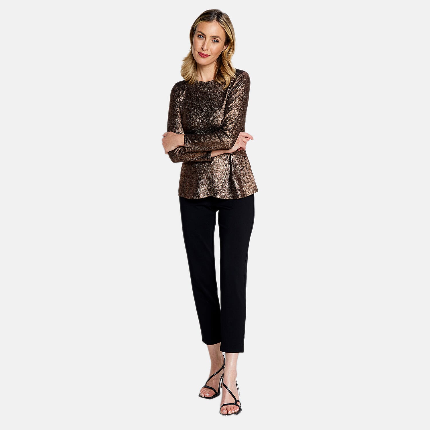 Long Sleeve Shimer Knot Waist Top (Size L) - Bronze