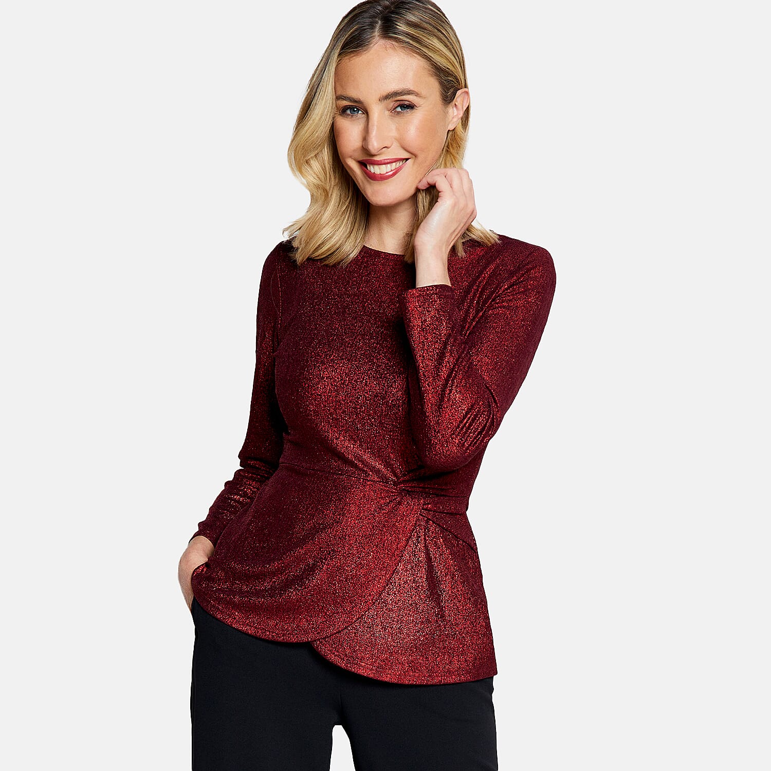 Long Sleeve Shimer Knot Waist Top (Size L) - Bronze