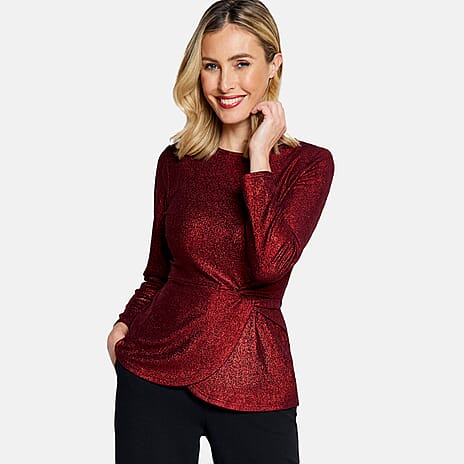 Long Sleeve Shimer Knot Waist Top (Size L) - Red