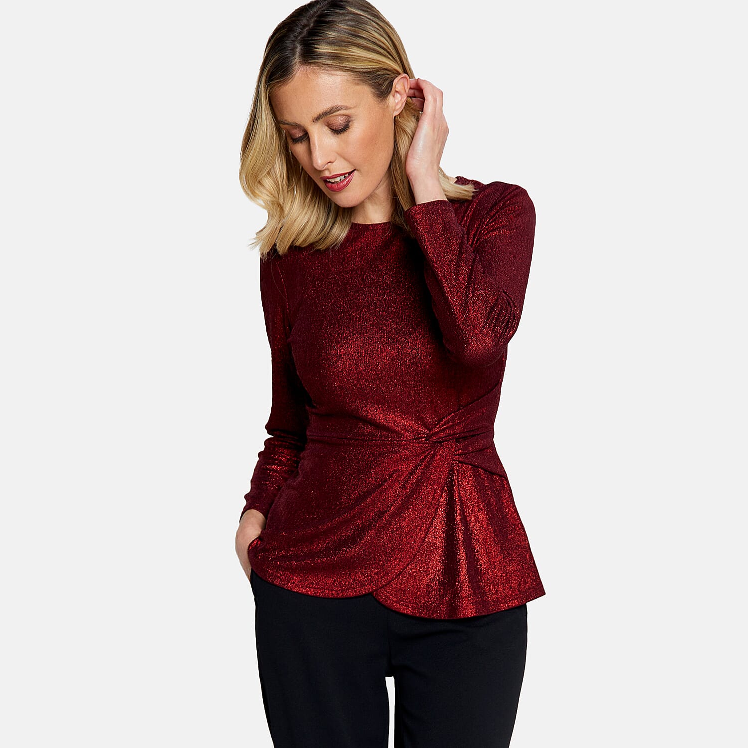 Long Sleeve Shimer Knot Waist Top (Size L) - Bronze